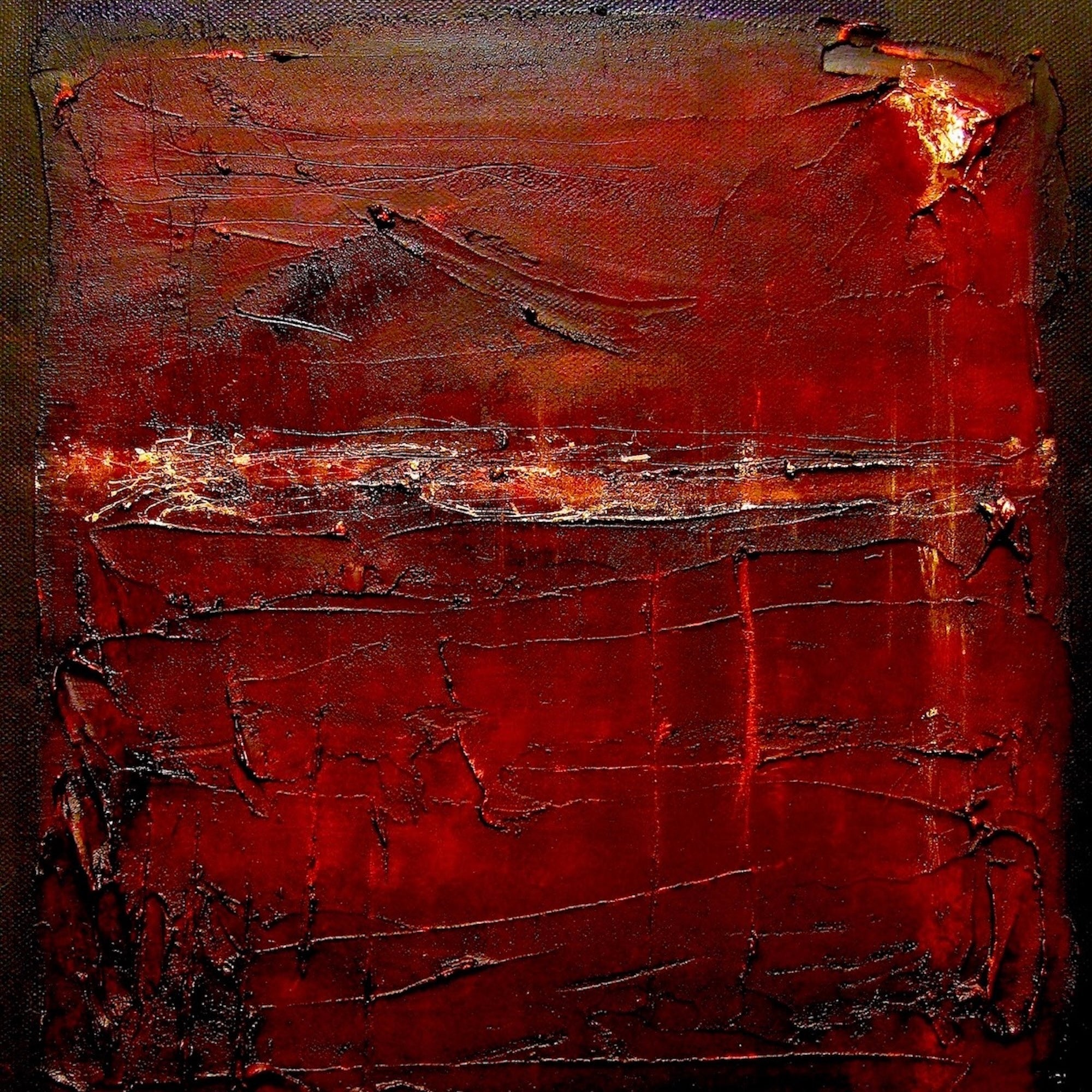Abstract red and black textured painting titled A Brooding Loch Rannoch Original Painting