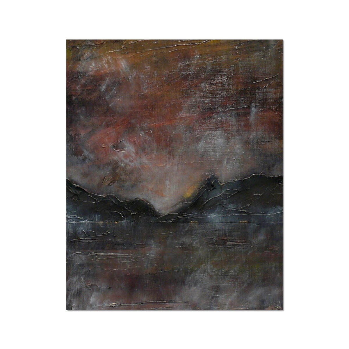 Abstract textured print of Brooding Pap of Glencoe in dark muted tones