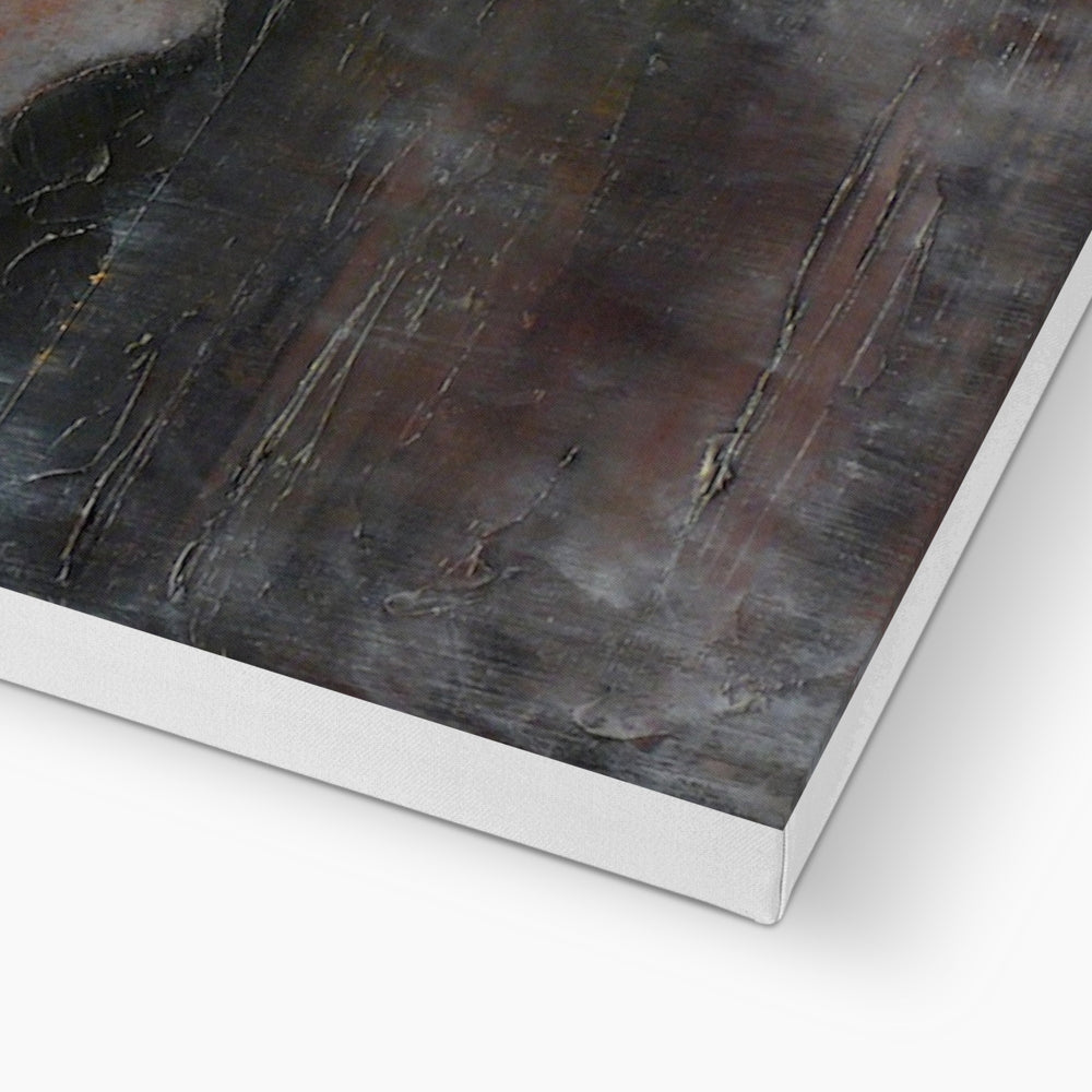 Black marble effect canvas print of A Brooding Pap of Glencoe in silver frame