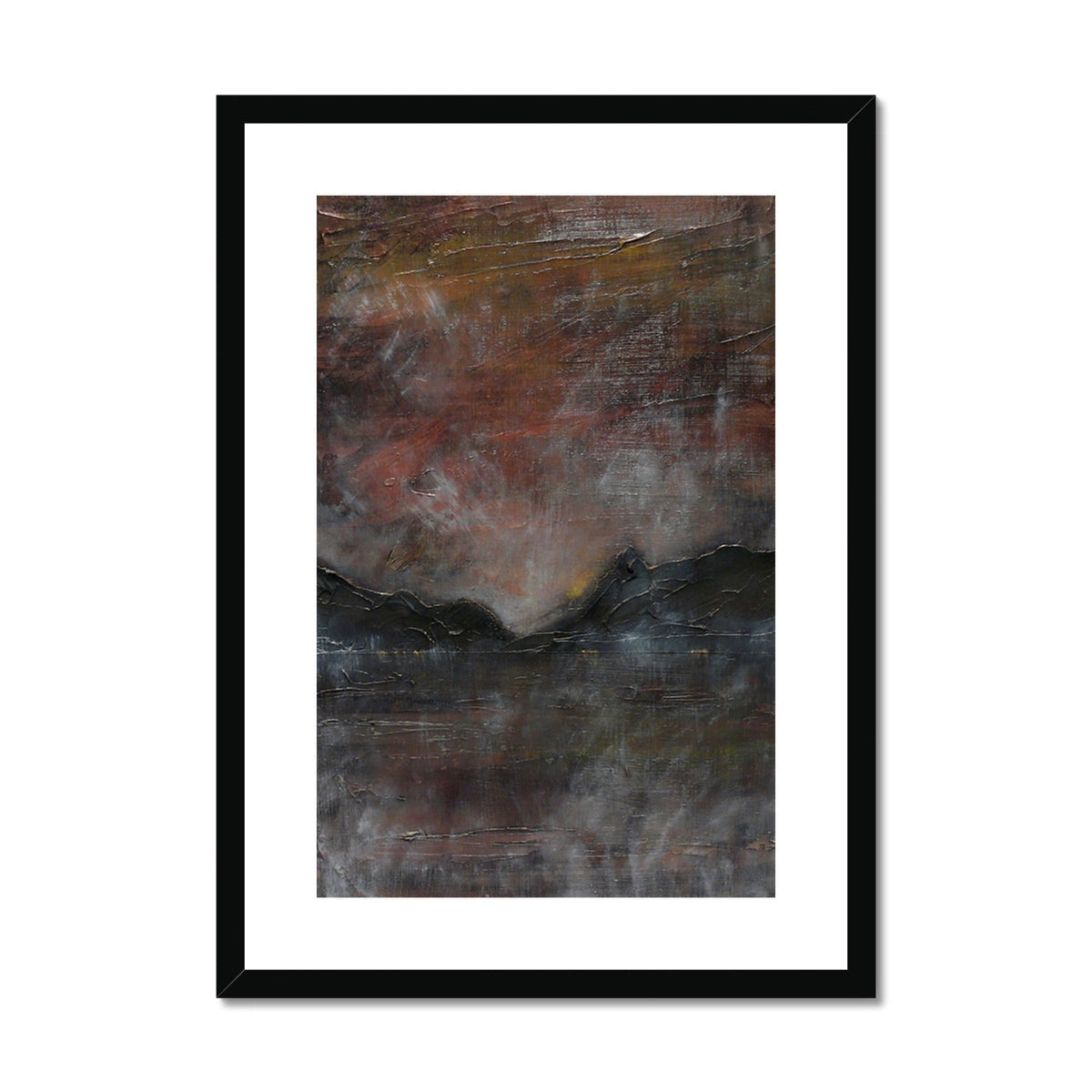 Black framed abstract textured painting in muted earth tones, A Brooding Pap Of Glencoe print