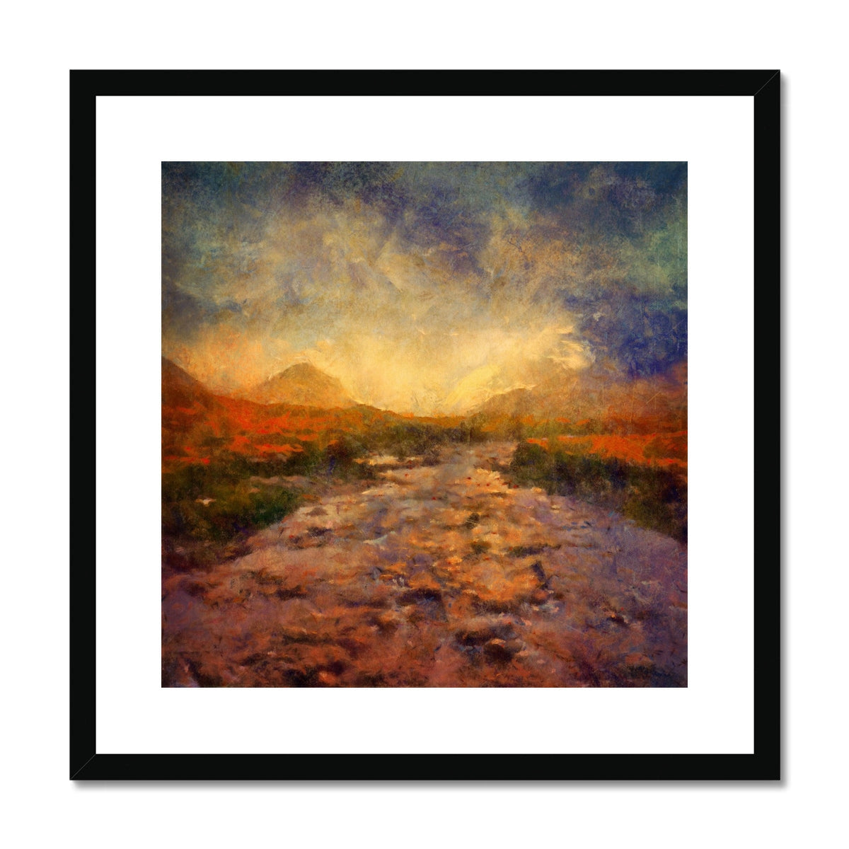 Black-framed A Brooding Sligachan art print with textured orange-purple landscape