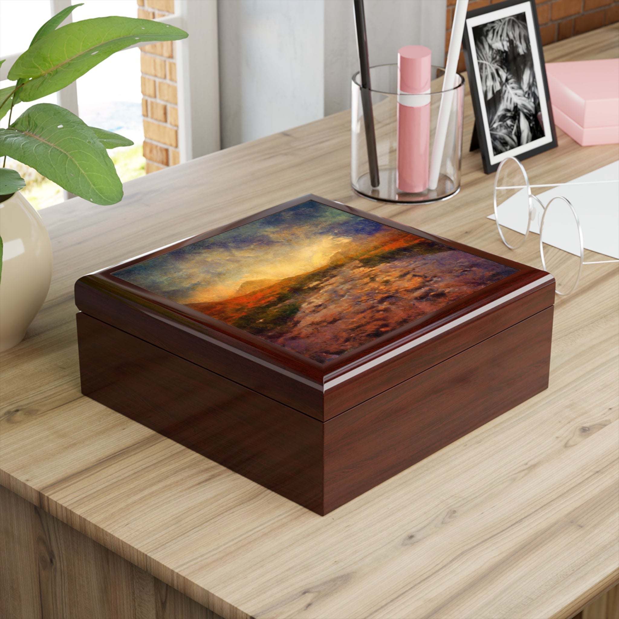 Wooden keepsake box with vibrant Sligachan Skye landscape painting on lid