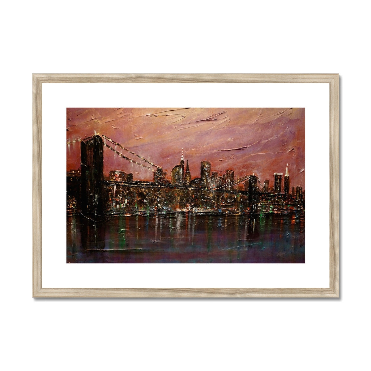 Framed Brooklyn Bridge art print, mounted for display