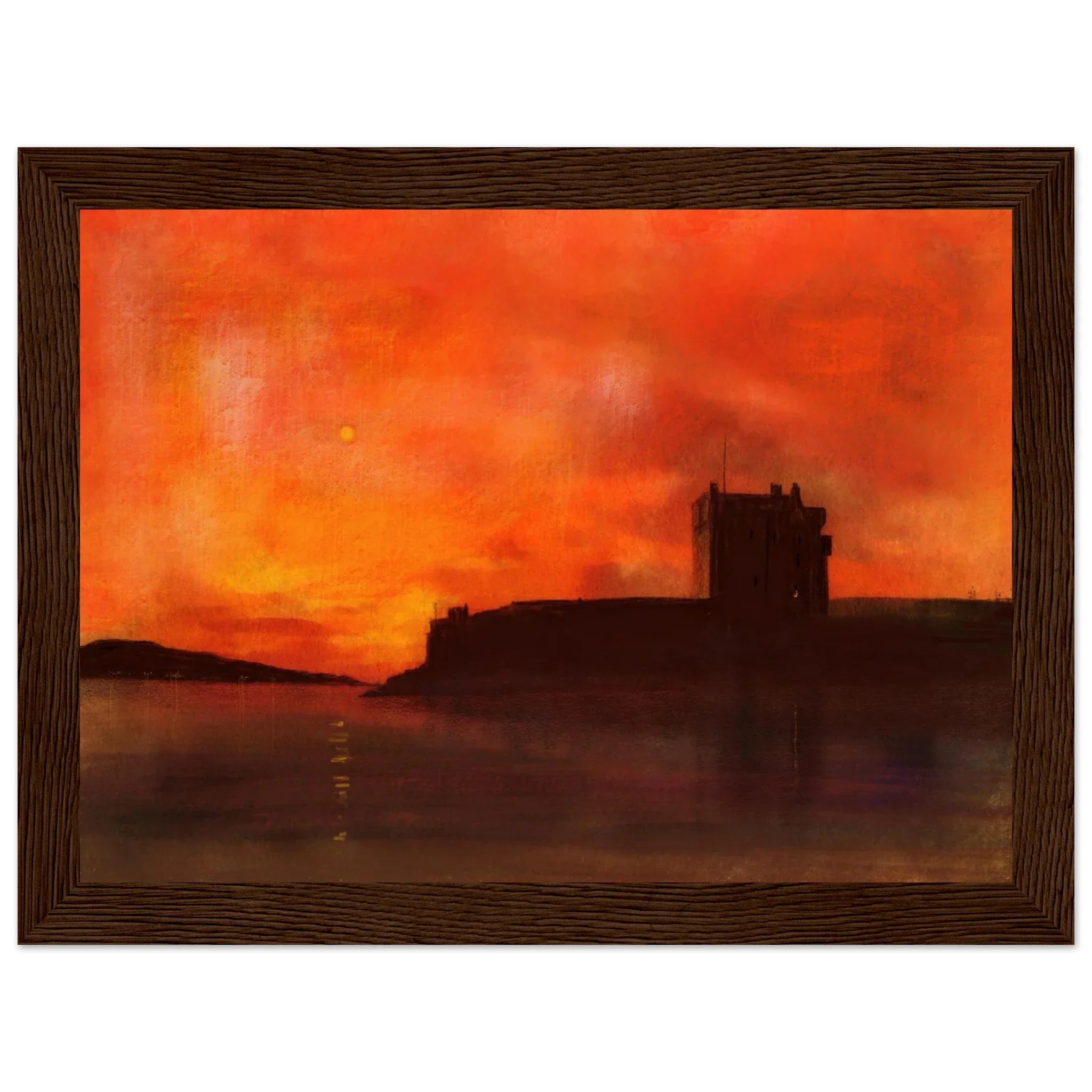 Framed Broughty Castle dusk silhouette painting, Scotland sunset sky