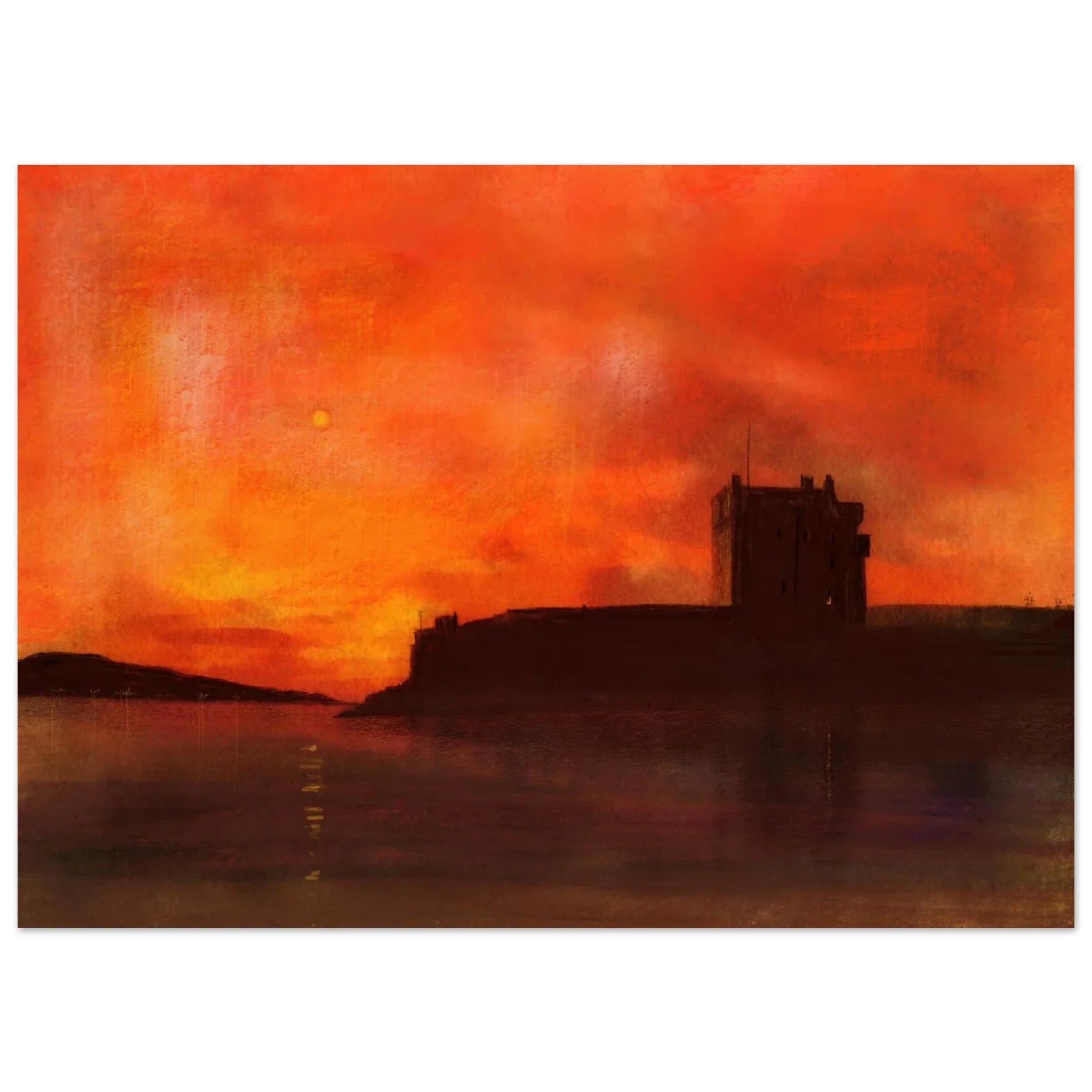 Silhouette of Broughty Castle at dusk against fiery orange sunset sky, Scotland