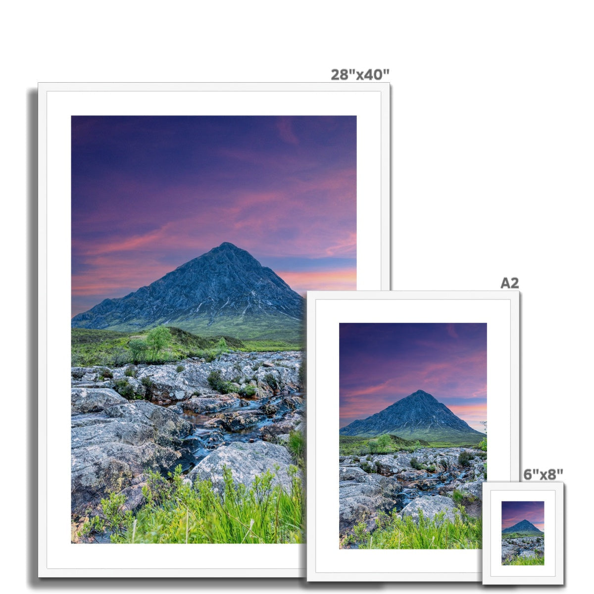 28x40 Framed Buachaille Etive Mor Dawn Print Vibrant Purple Orange