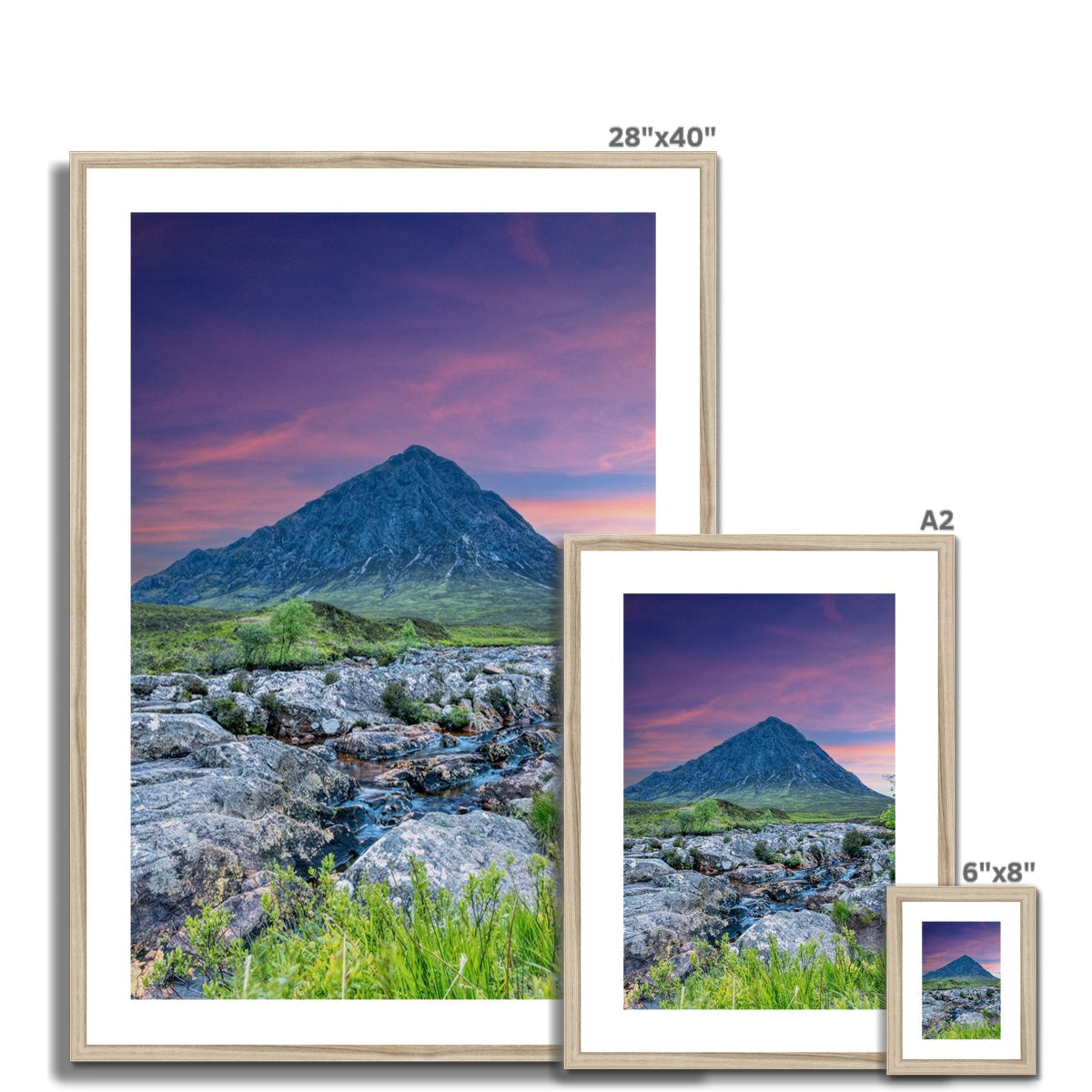 Buachaille Etive Mor dawn print: 28x40 framed mountain landscape with purple-pink sunset