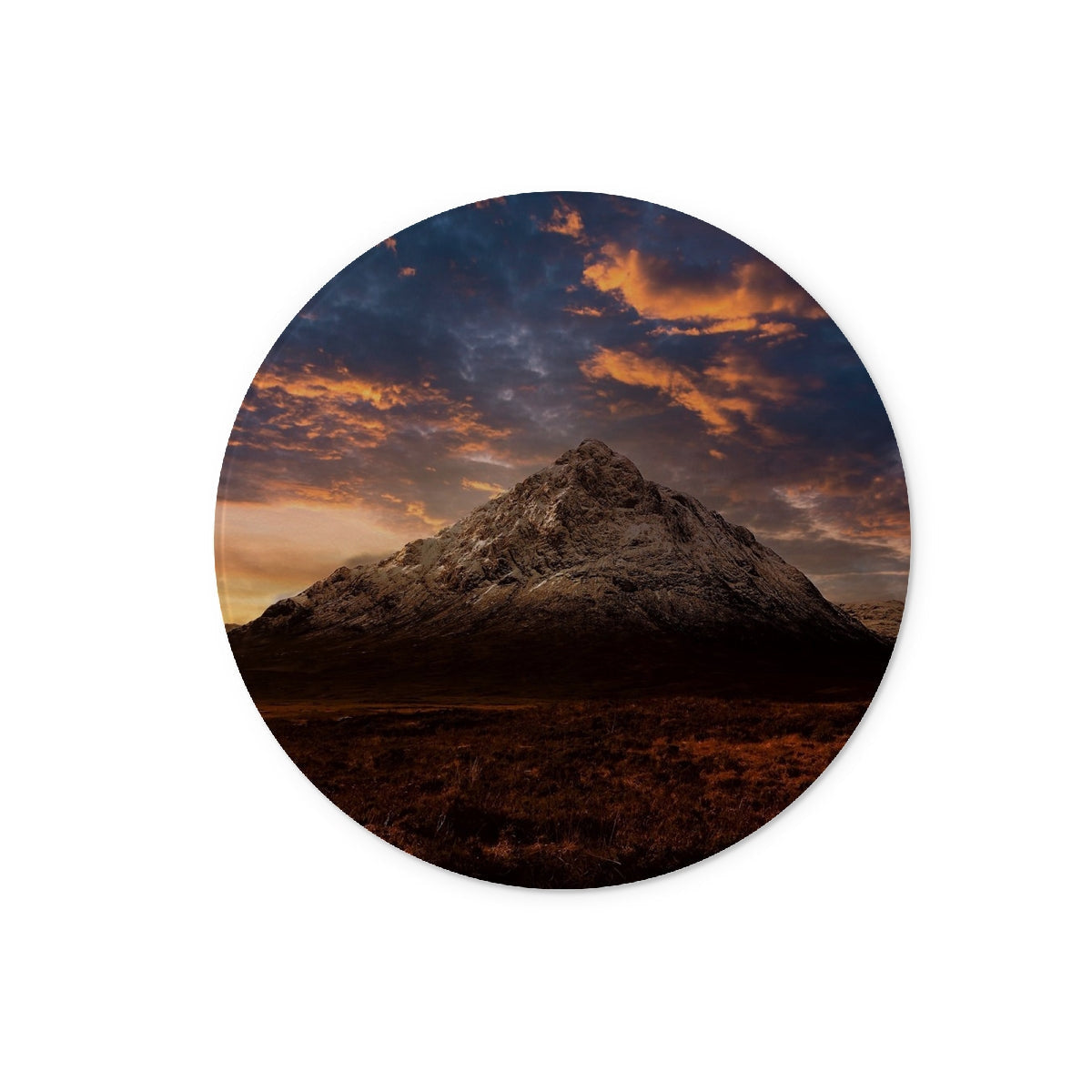 Round Buachaille Etive Mor dusk mountain sticker on chopping board