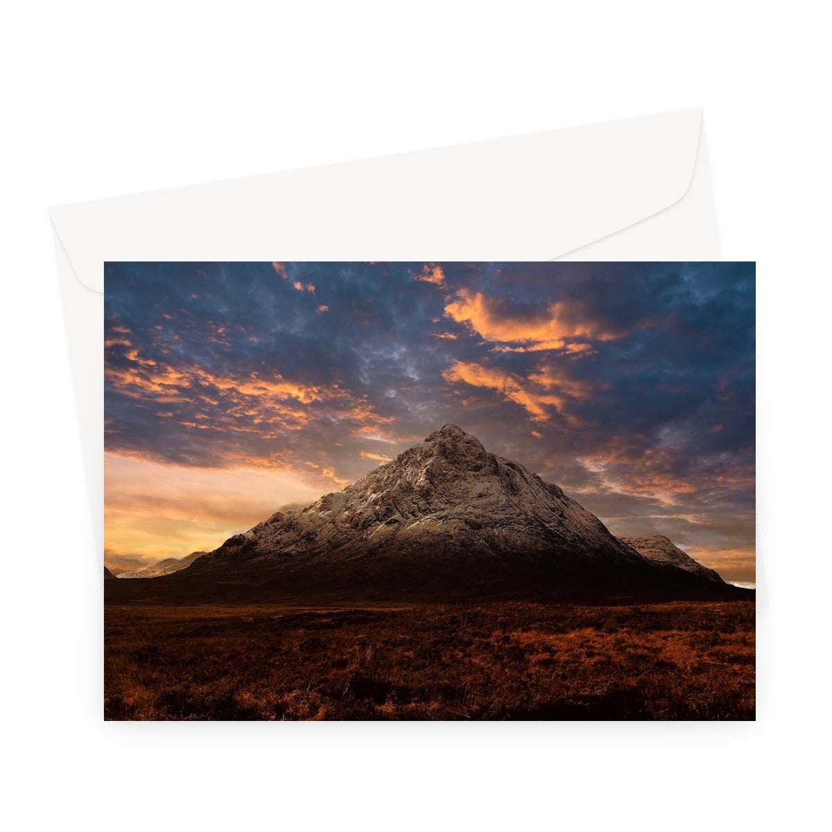 Buachaille Etive Mor Dusk greeting card with mountain sunset envelope