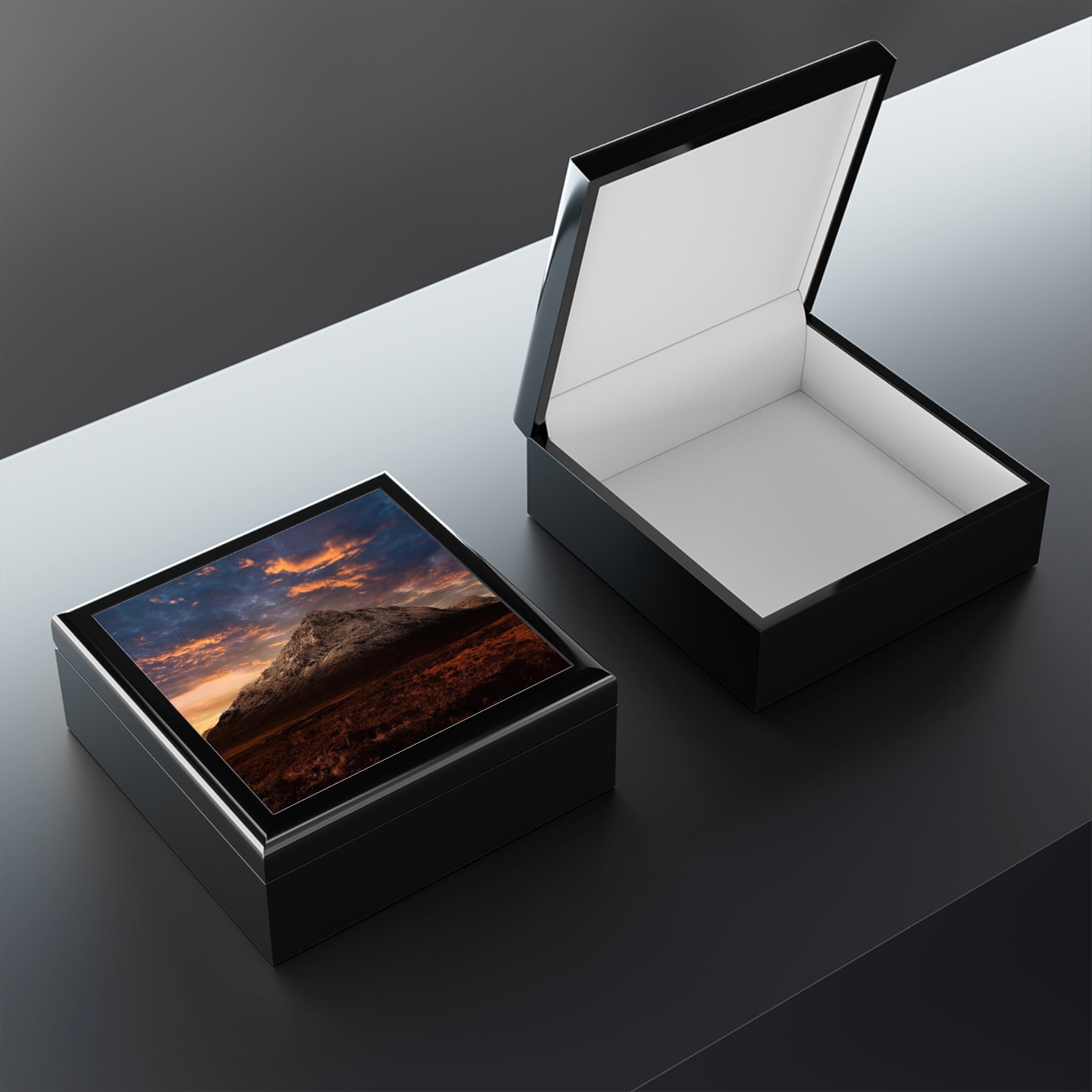 Black leather Buachaille Etive Mor Dusk jewelry box with Scottish landscape lid