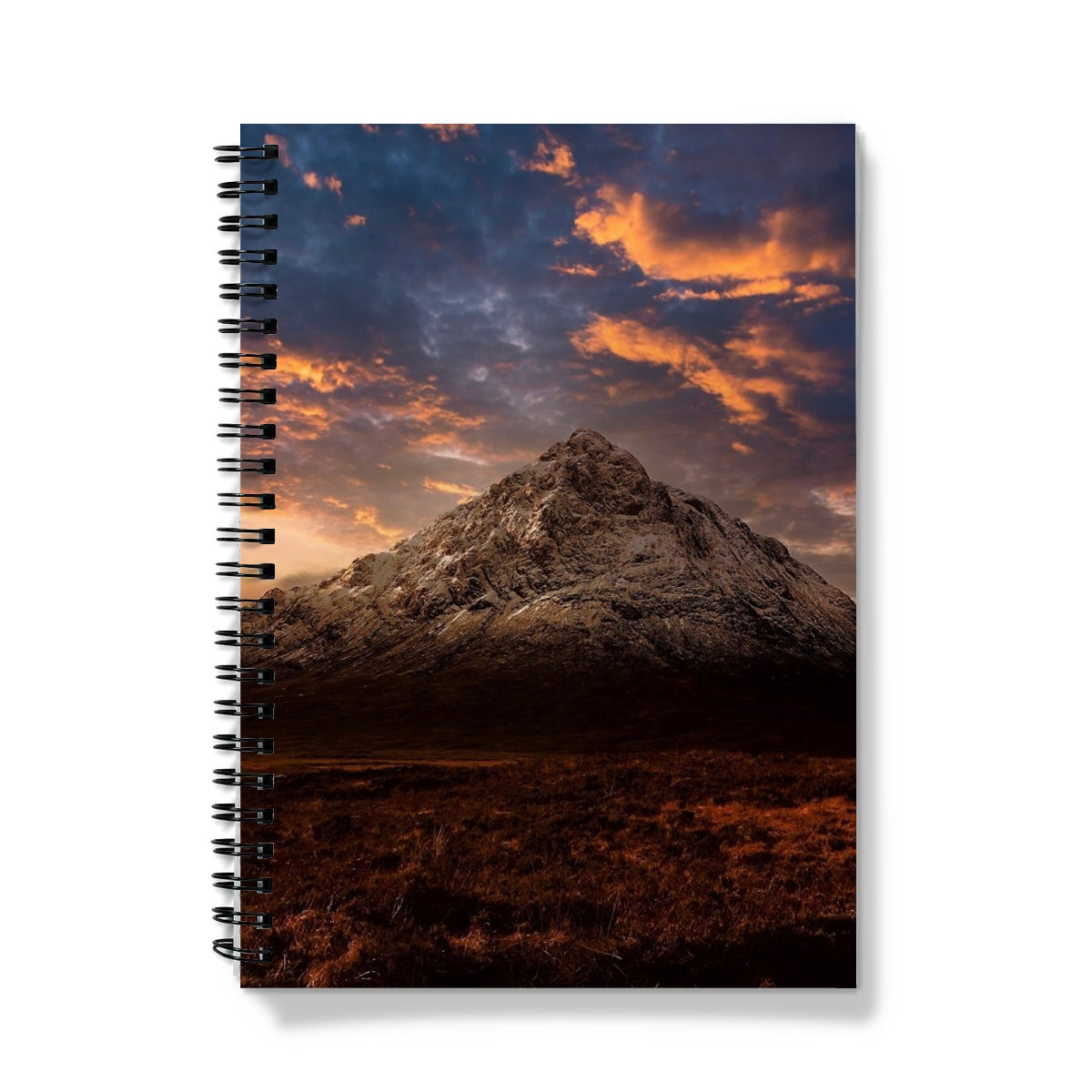 Spiral-bound Buachaille Etive Mor Dusk Notebook with snow-capped mountain sunset
