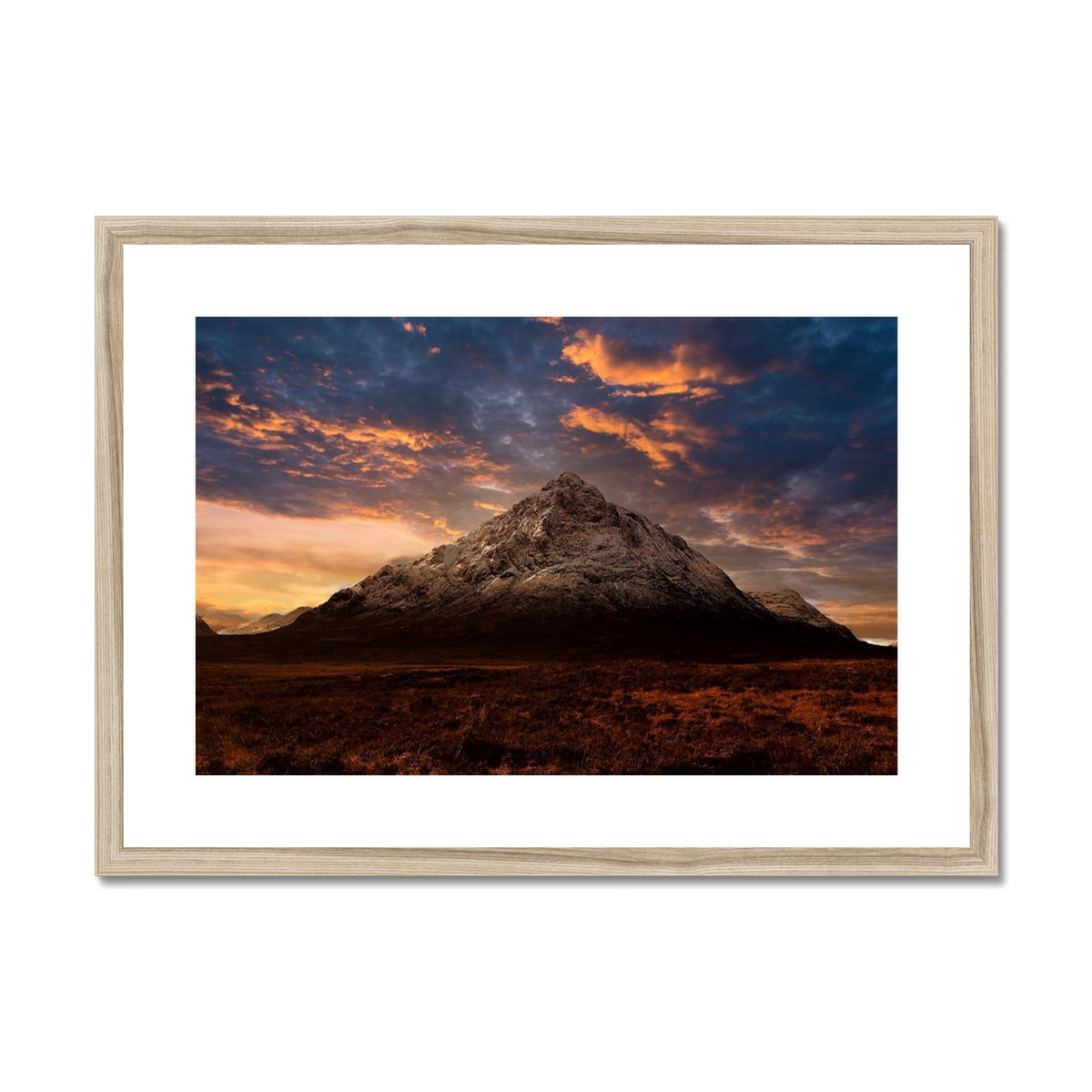 Buachaille Etive Mor dusk print in wooden frame with vibrant sunset and clouds