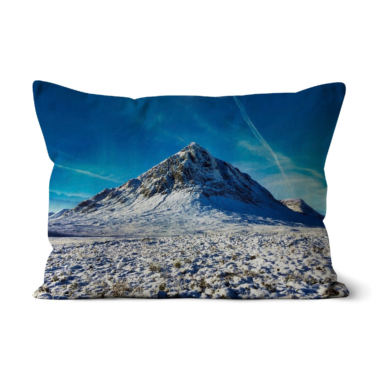 Rectangular cushion with snow-covered mountain landscape under a bright blue sky