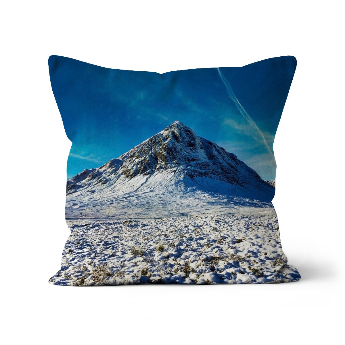 Square pillow featuring a snowy mountain landscape design for the Buachaille Etive Mor Winter Cushion