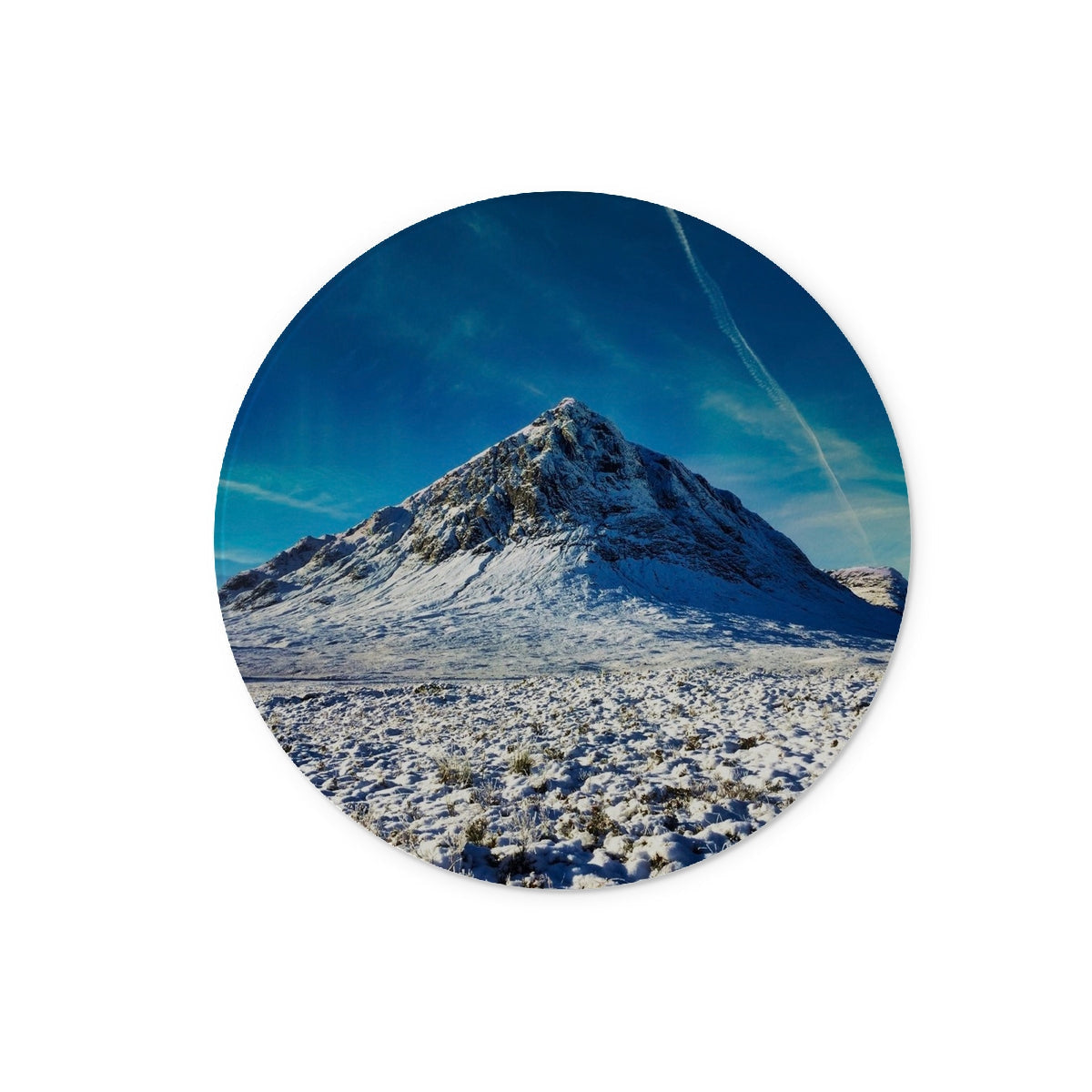 Snow-covered Buachaille Etive Mor mountain coaster on blue sky chopping board