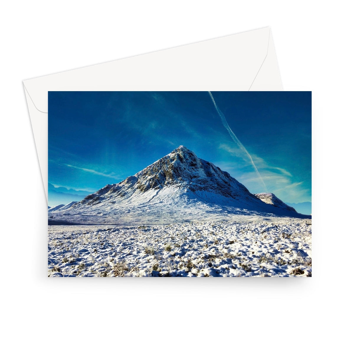 White snow-covered Buachaille Etive Mor mountain winter greeting card with envelope