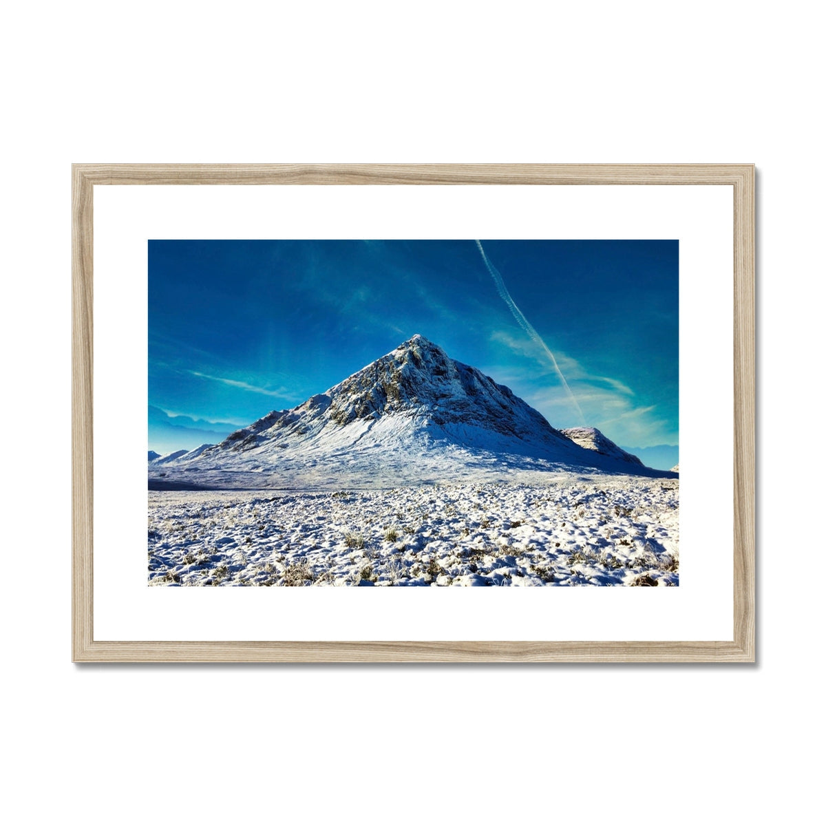 Buachaille Etive Mor winter print: snowy mountain peak under blue sky
