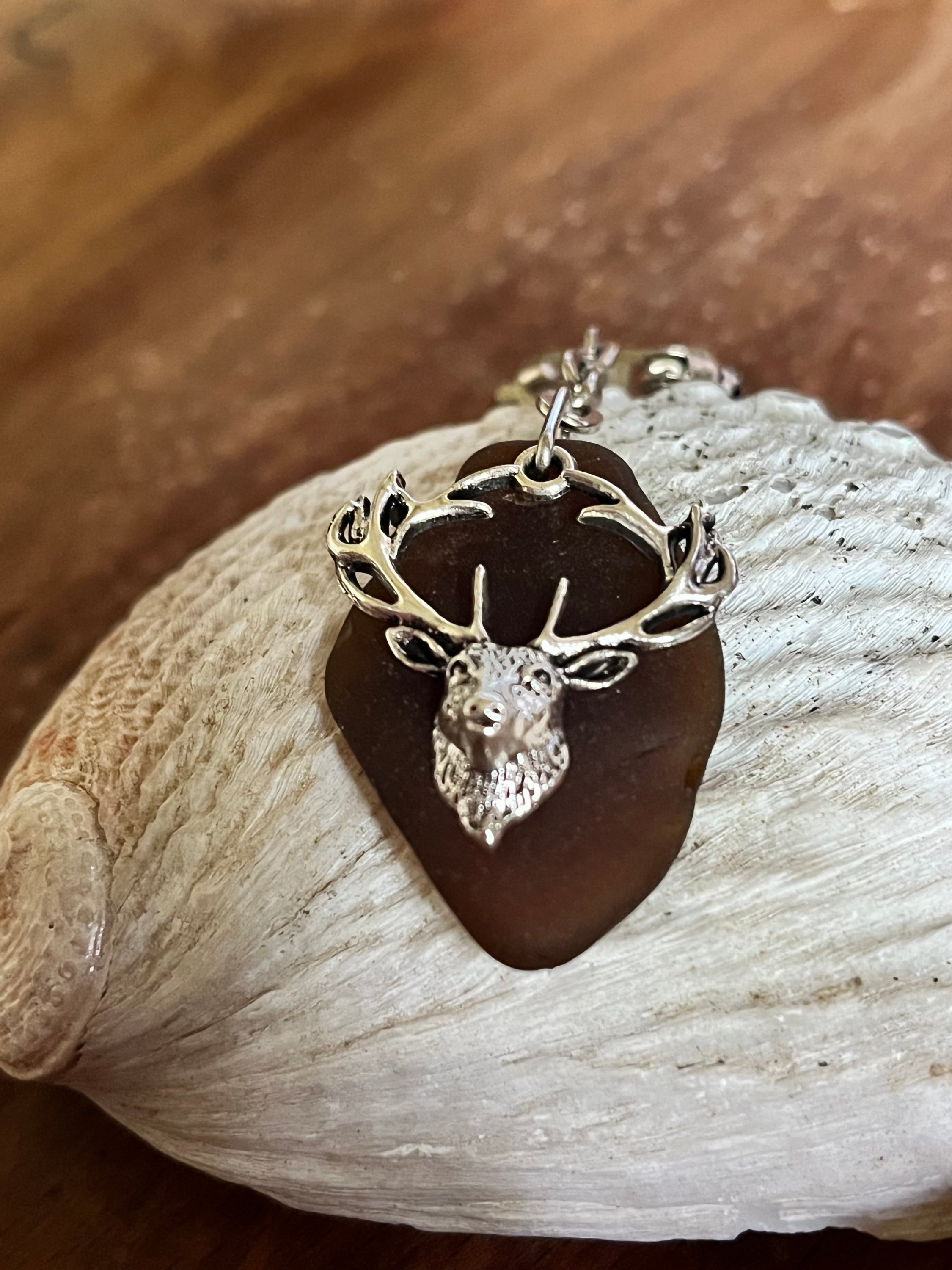 Silver stag head pendant on sea glass for Stag Seaglass Keyrings