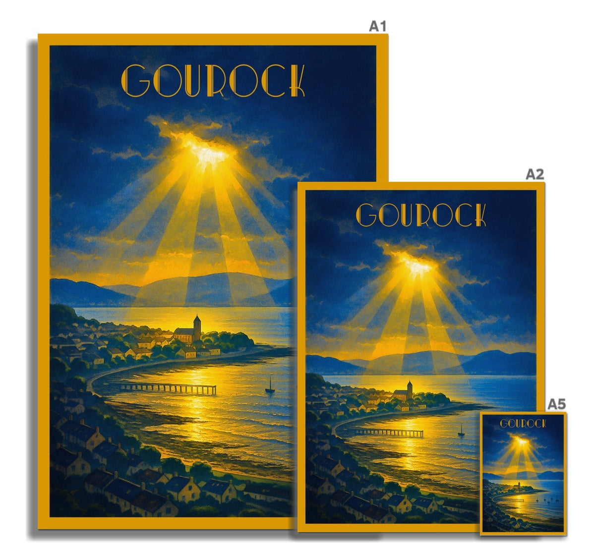 Golden-framed vintage-style travel poster of gourock with radiant sunbeams over coastal town and pier fine art print