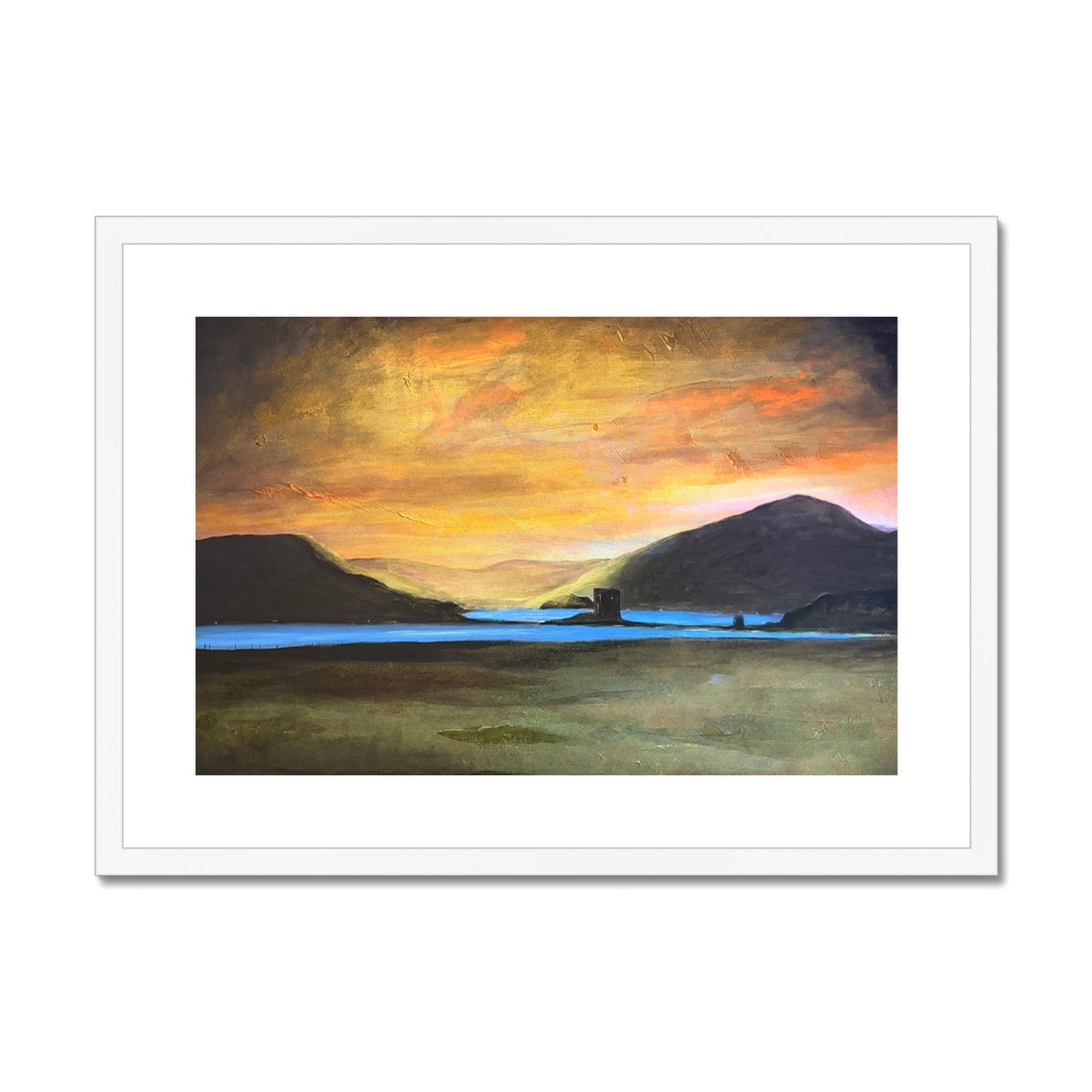 Castle Stalker Glow Art Print: serene sunset over mountains and water
