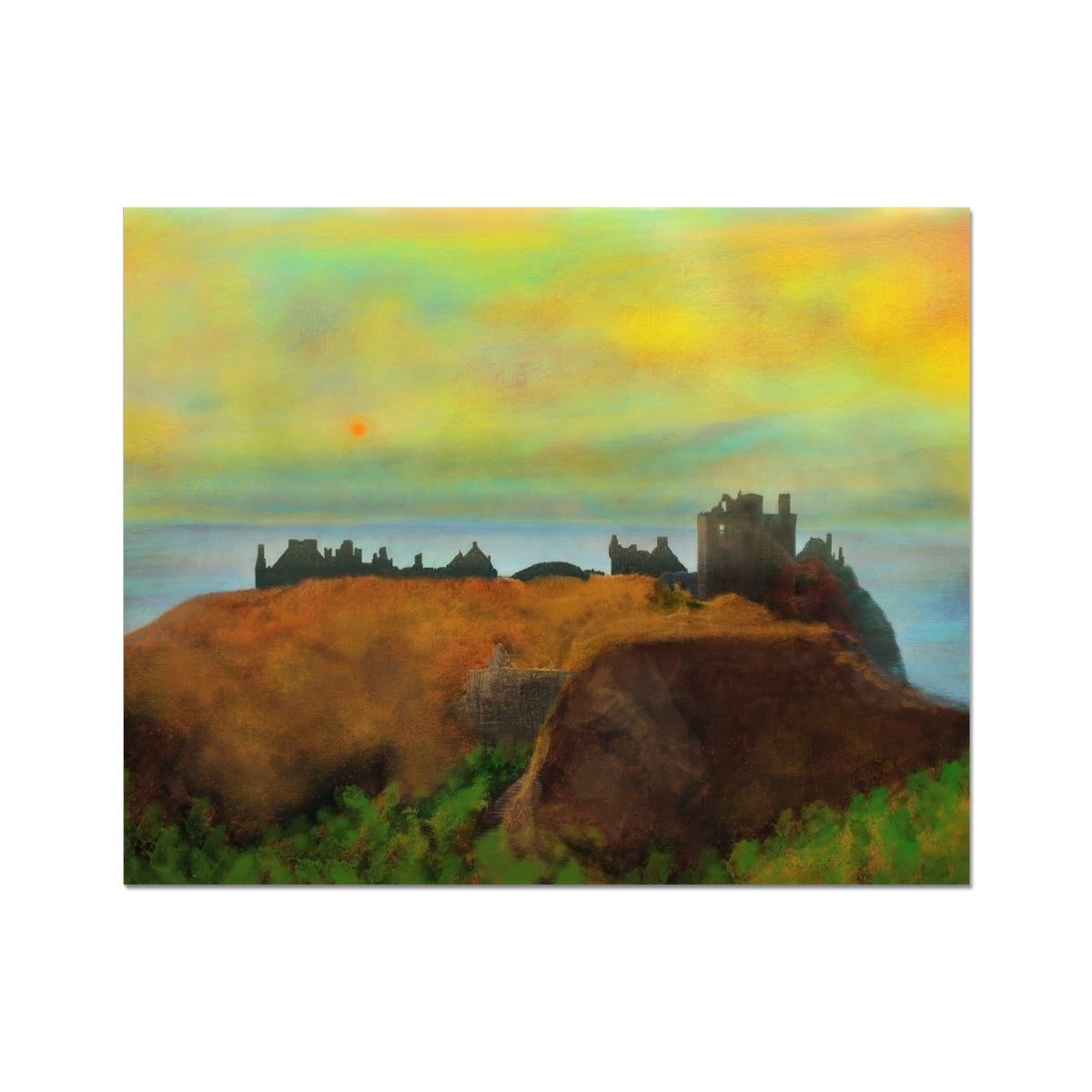 Yellow green abstract Dunnottar Castle dusk silhouette wall art print