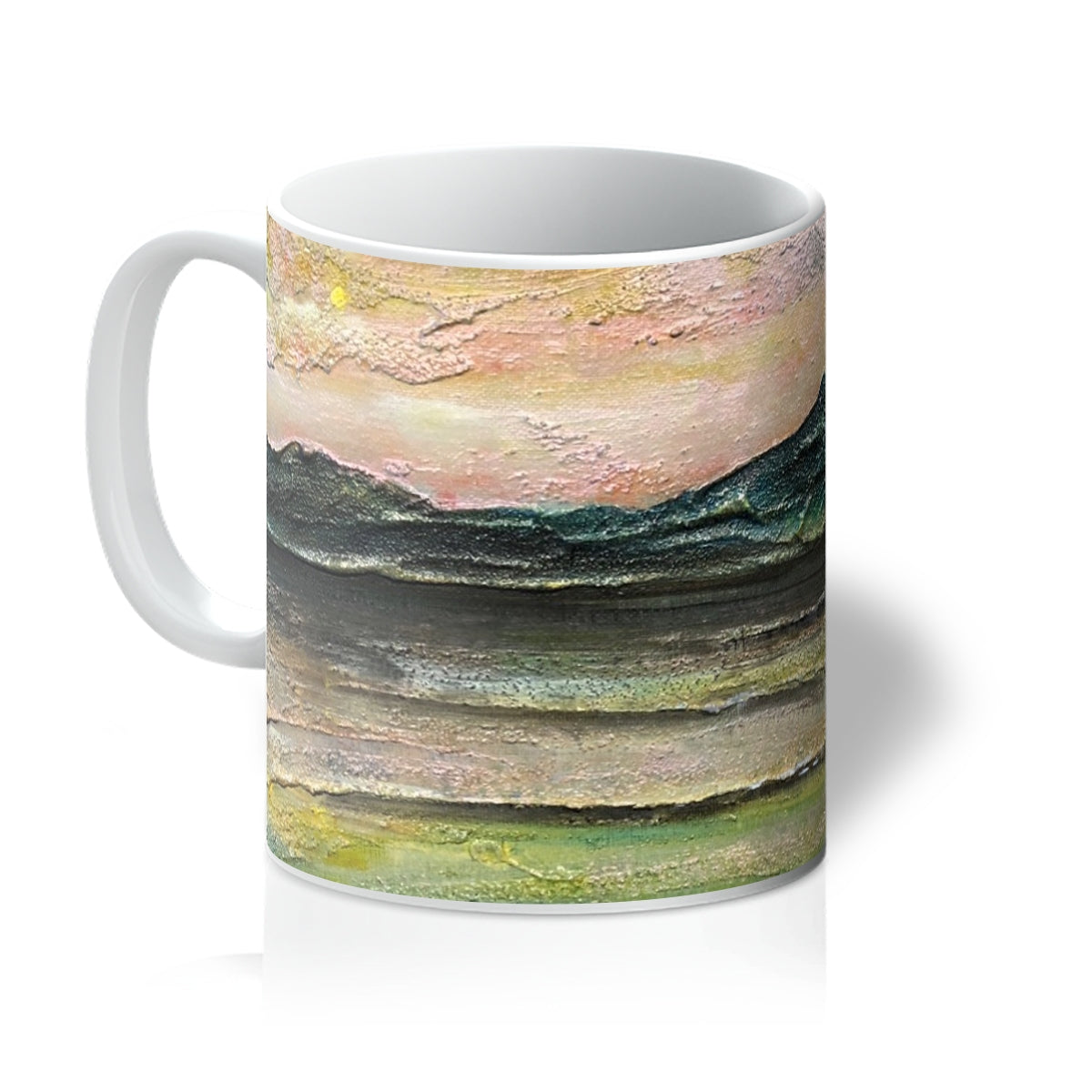 An Ethereal Loch Na Dal Skye Mug with pink-gold skies and green mountains