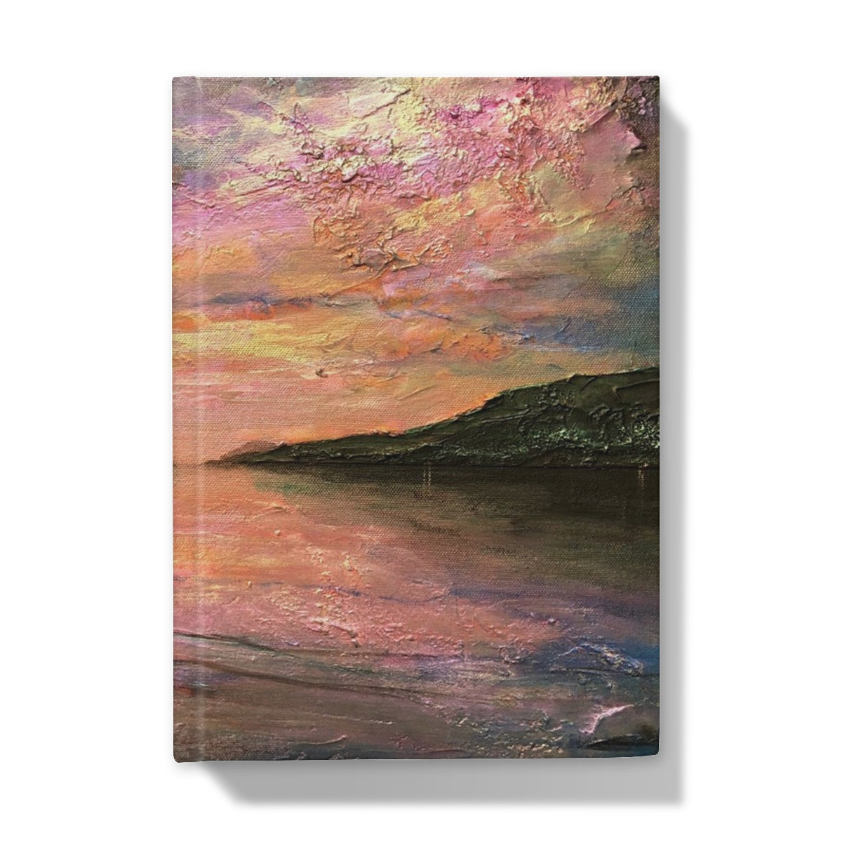 Loch Ness Dawn journal with sunset over water in pink orange purple hues