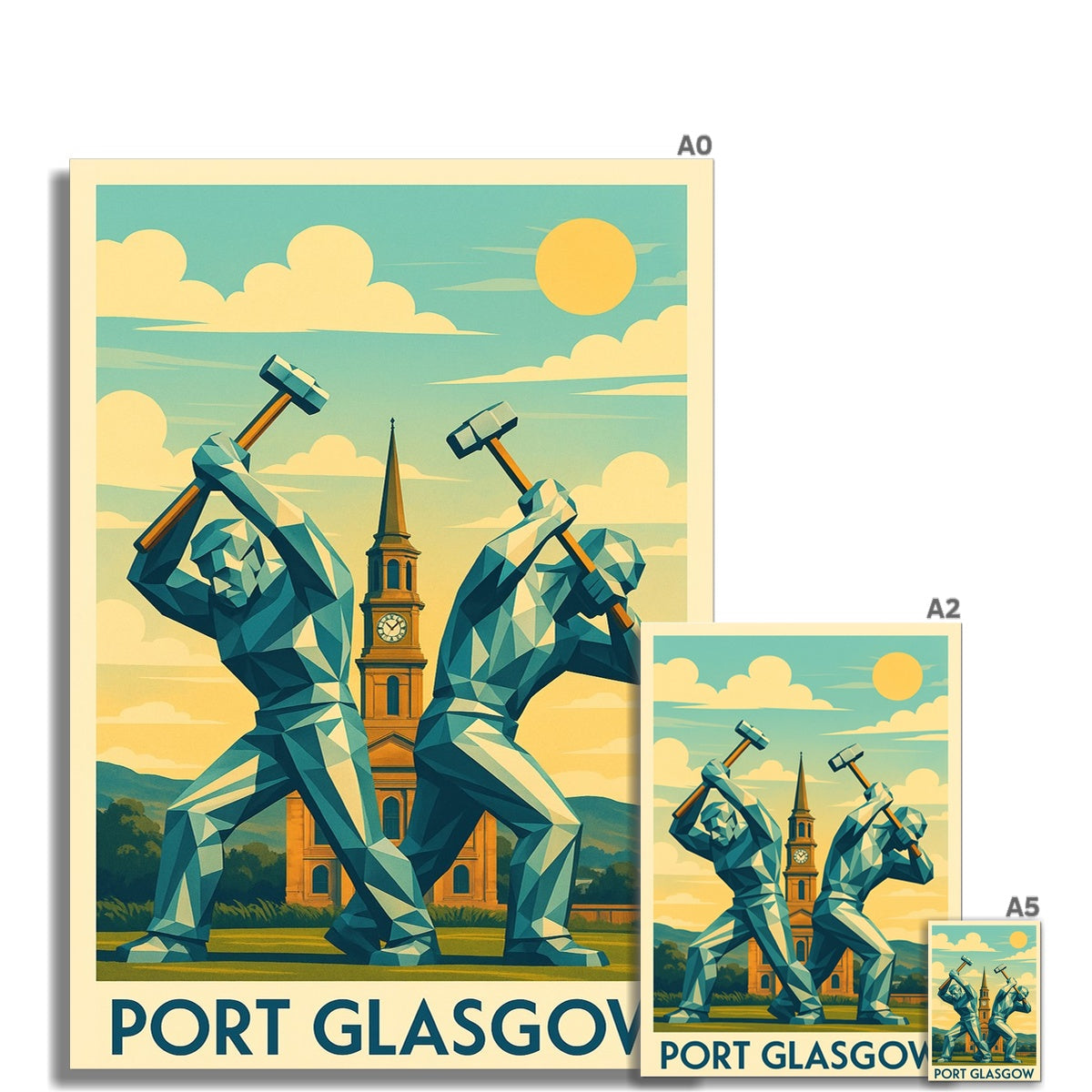 Stylized vintage travel poster art print of teal hammer wielding figures by a clock tower under a sunny sky