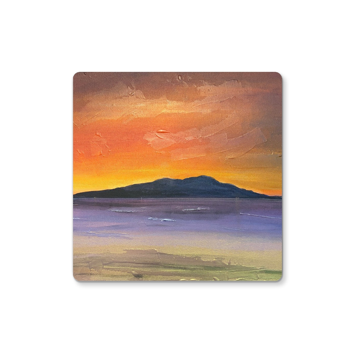 Square arran embers coaster with textured impressionistic sunset design in warm orange yellow and cool purple tones