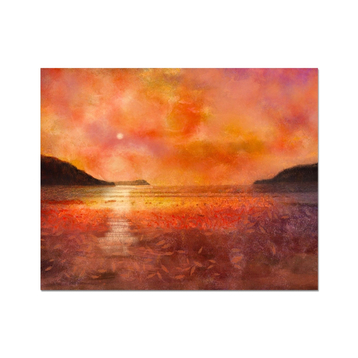 Calgary Beach Sunset watercolor painting print with orange pink hues