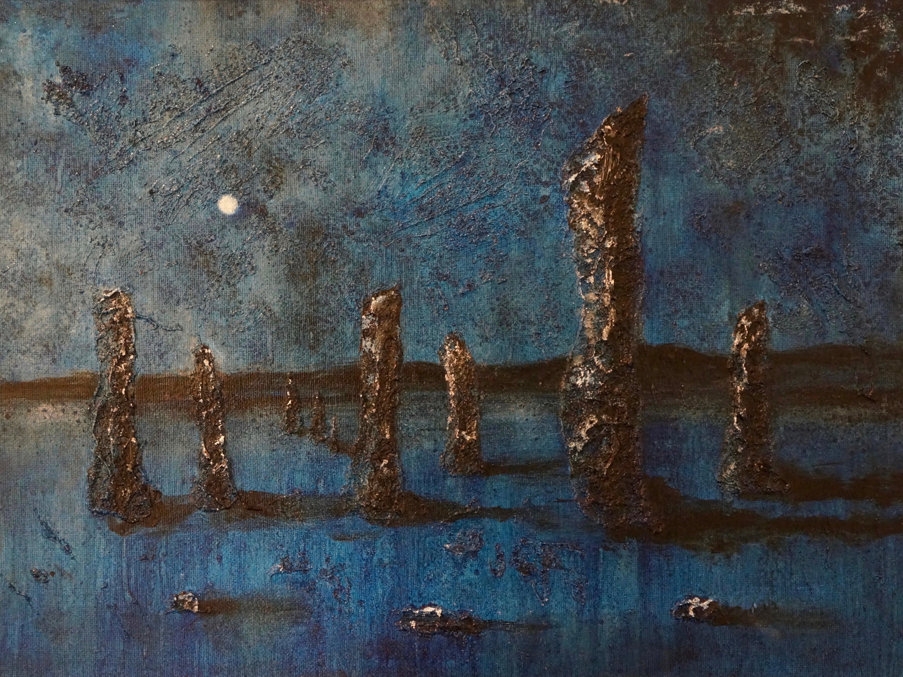Textured blue landscape with standing stones in Callanish Moonlight Original Painting