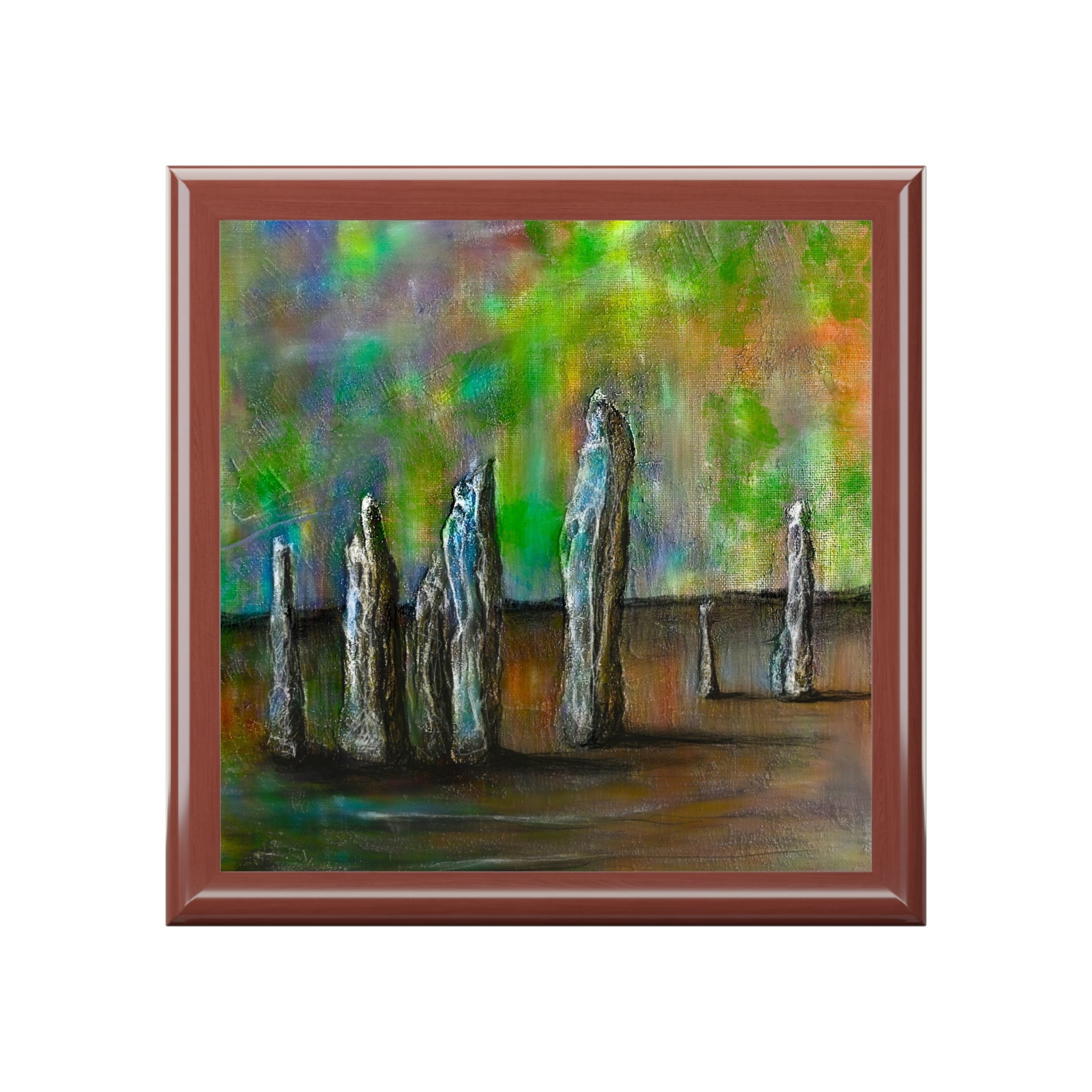 Abstract painting of standing stones under vibrant colorful sky on Callanish Northern Lights jewelry box