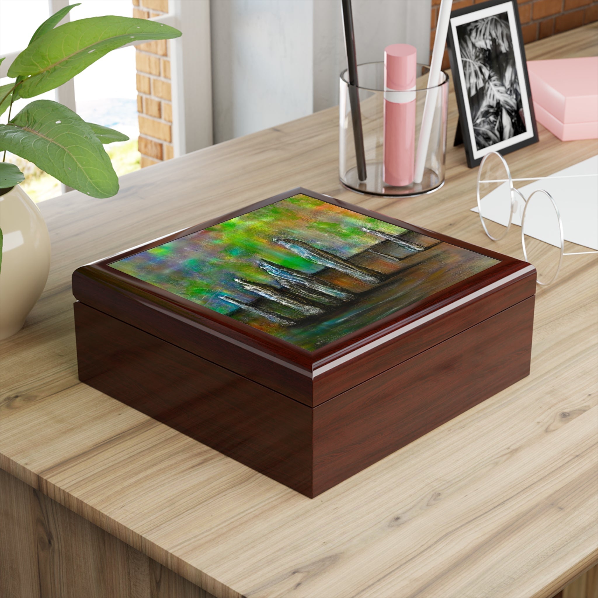 Rectangular wooden keepsake box with vibrant abstract painting lid, Callanish Northern Lights