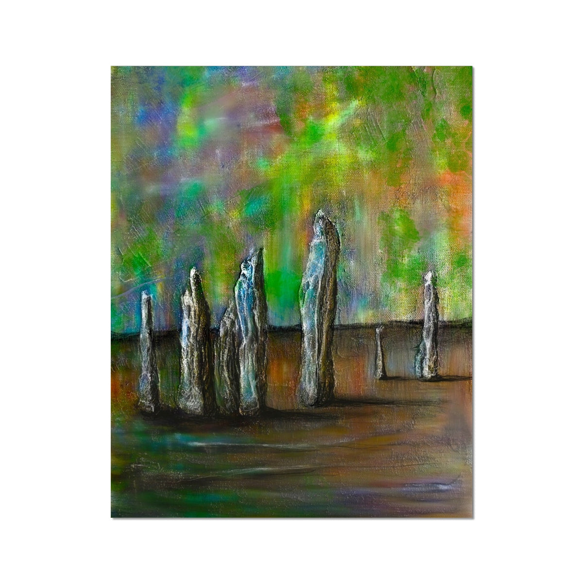 Green abstract painting with silver figures: Callanish Northern Lights artist proof print