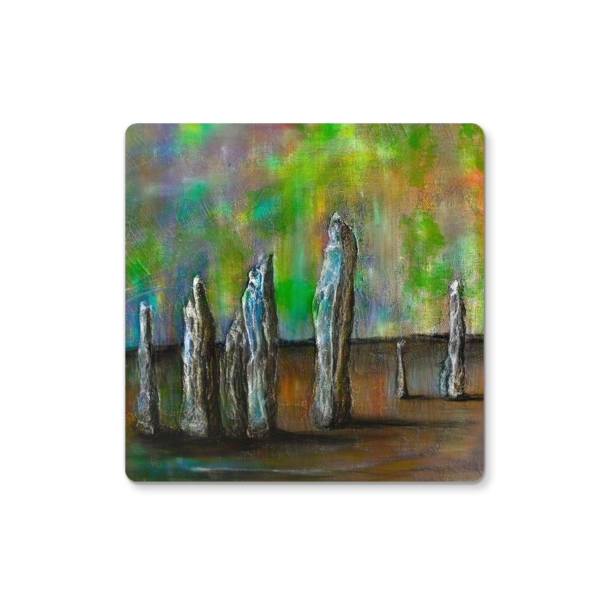 Green and blue abstract Callanish Northern Lights coaster with stone figures