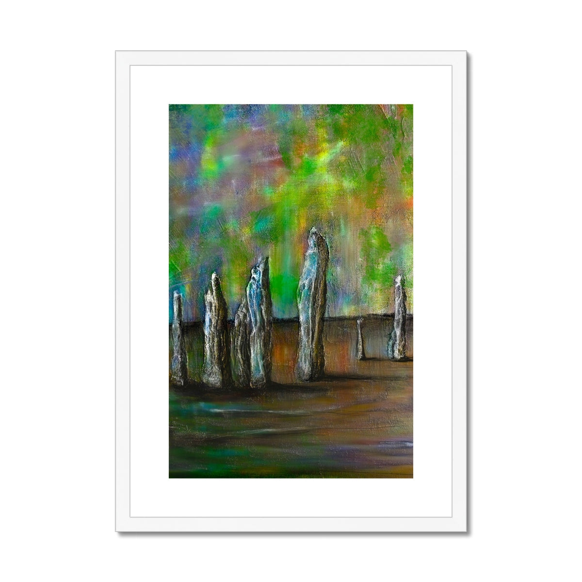 Callanish Northern Lights abstract art print of green blue painting with tall slender trees