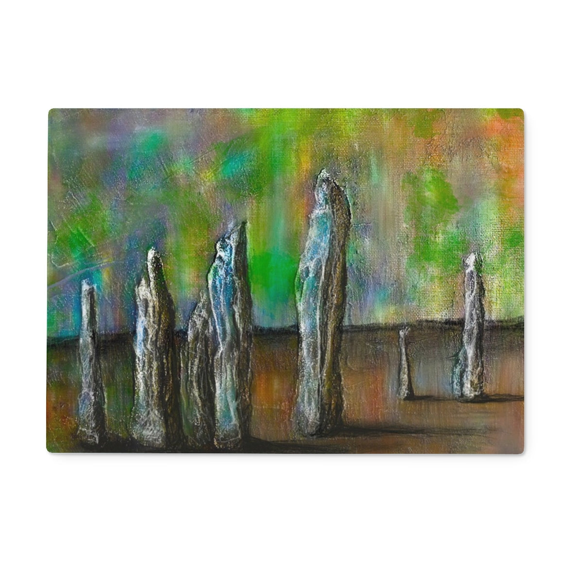 Green and brown abstract trees on Callanish Northern Lights glass chopping board