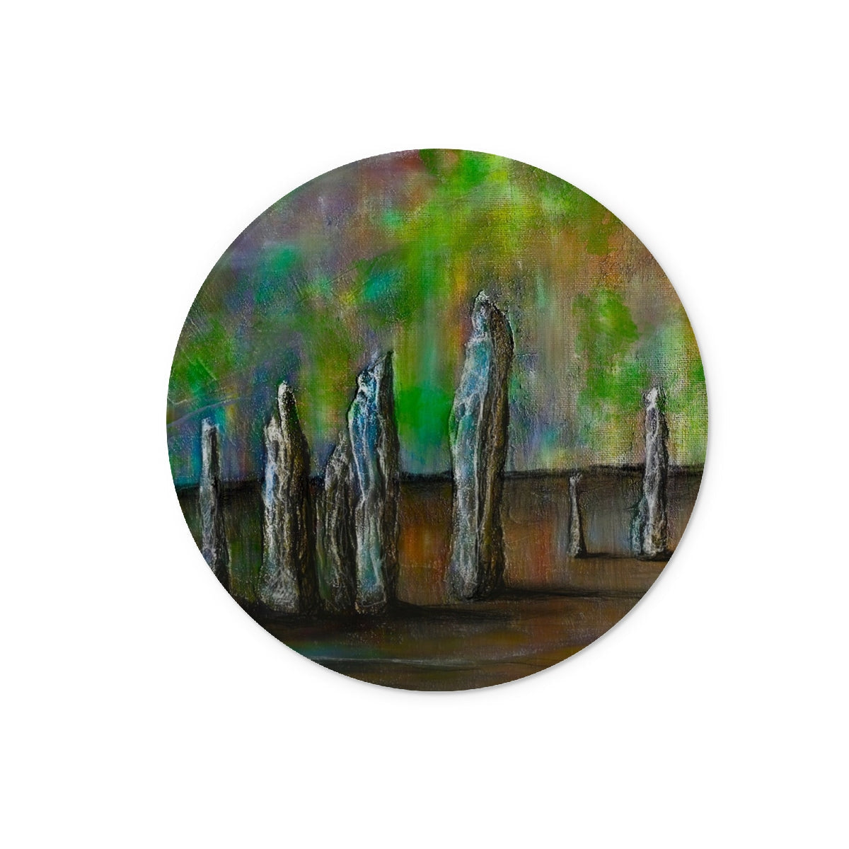 Green abstract landscape coaster on Callanish Northern Lights chopping board