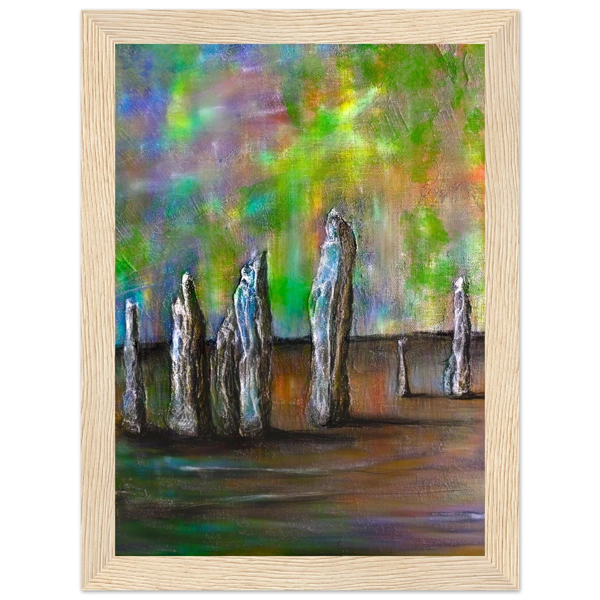 Callanish Northern Lights abstract painting of stone figures in vibrant swirls