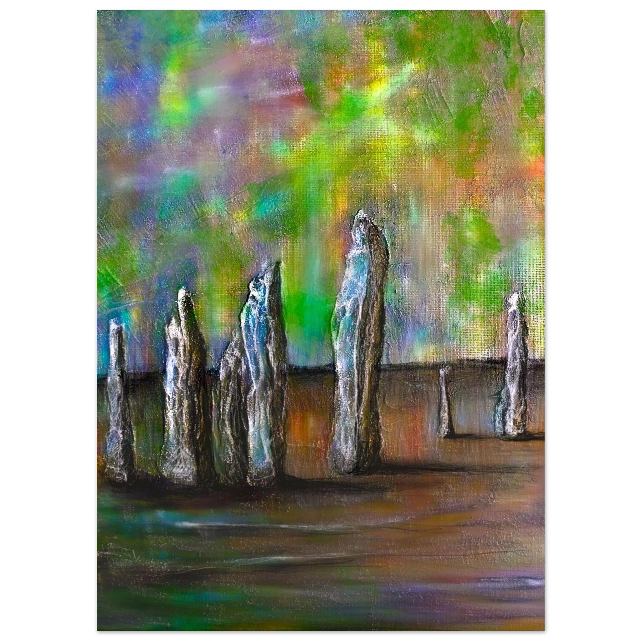 Callanish Northern Lights abstract painting of slender stone figures on swirling green purple yellow background
