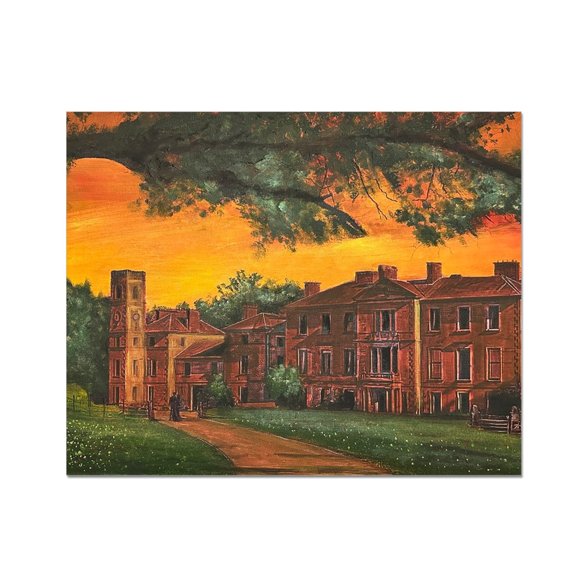 Painting of Cambo House St Andrews with mansion, tower, path, trees under orange sky