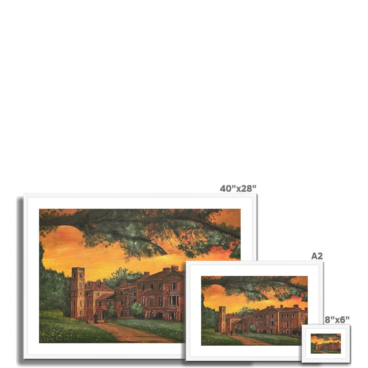 Three framed landscape paintings of Cambo House St Andrews at sunset for the framed print