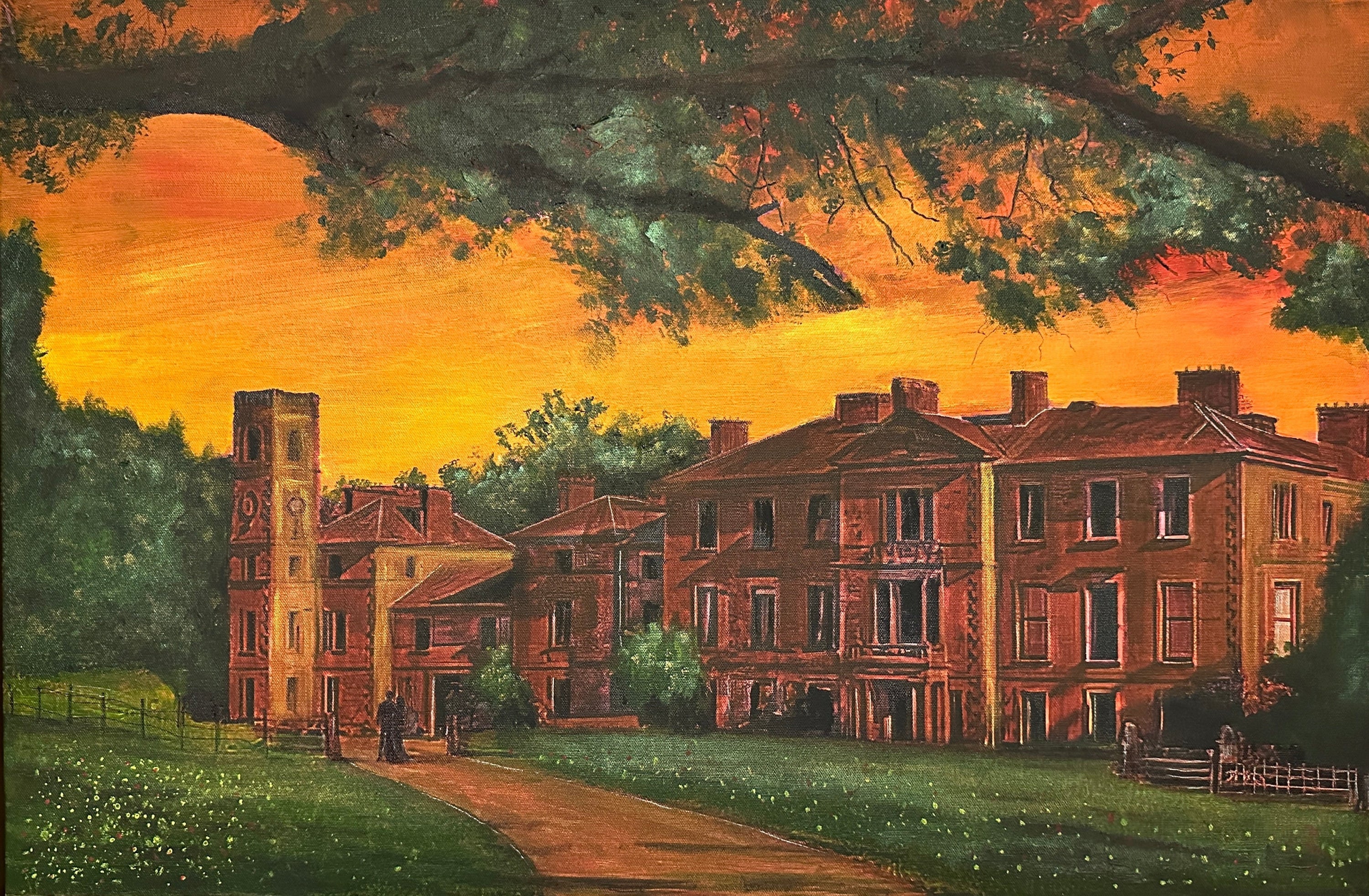 Original Scottish landscape painting of Cambo House St Andrews with mansion and tower under orange sky