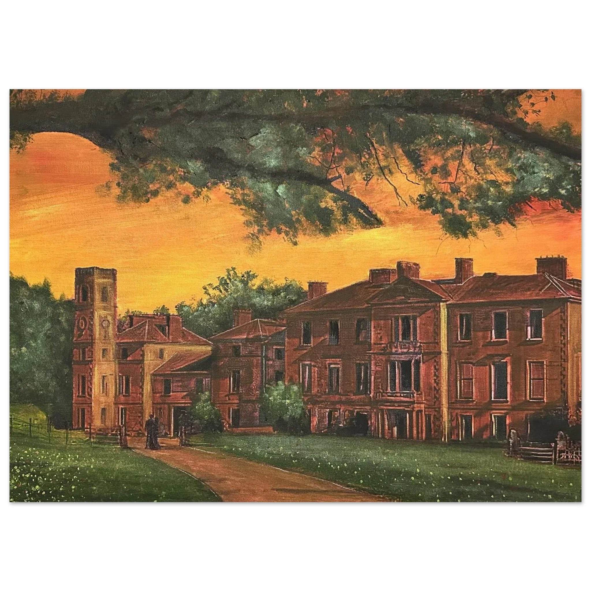 Warm-toned oil painting of Cambo House St Andrews historic brick estate with clock tower under orange sunset, framed by trees