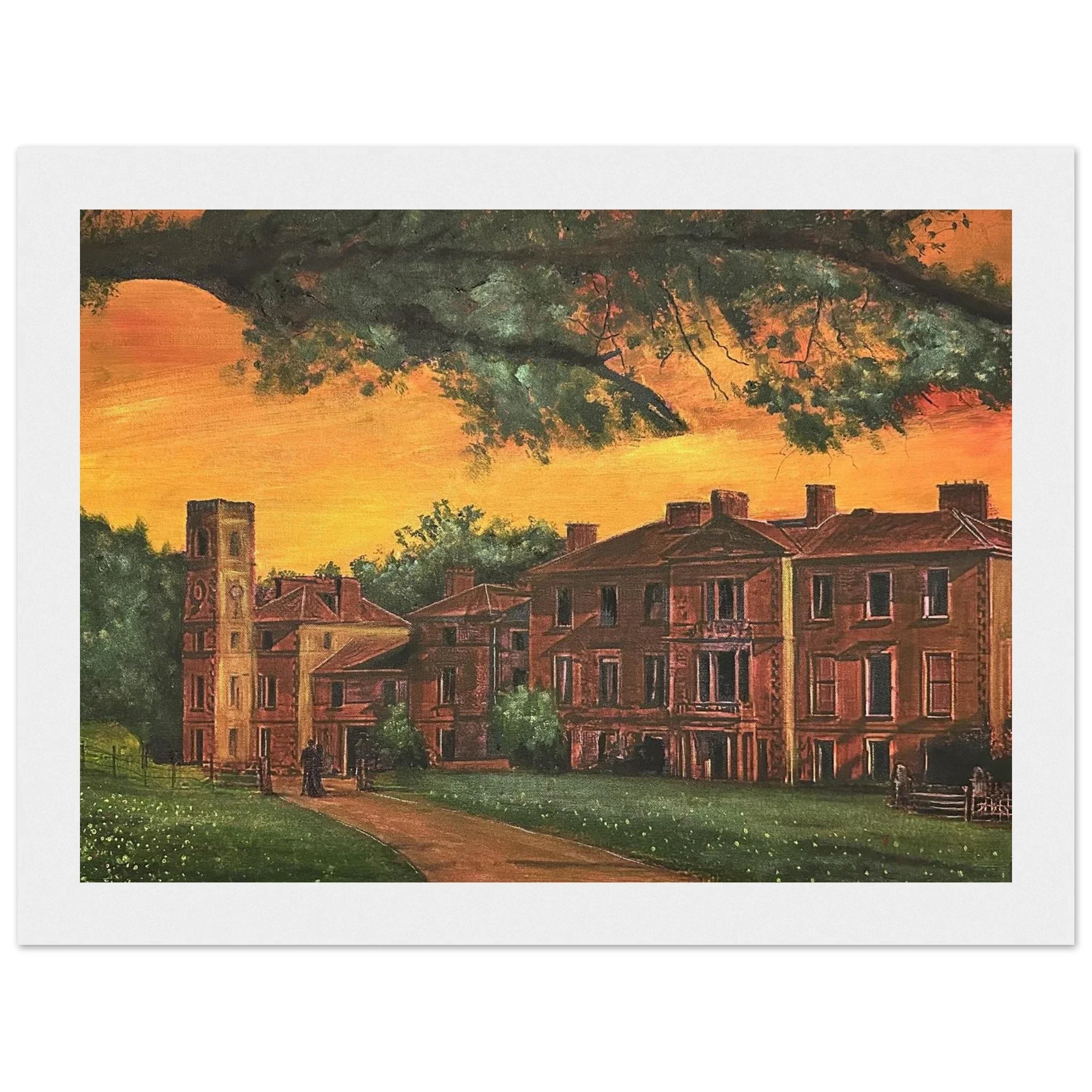 Framed Cambo House St Andrews painting of historic brick estate with clock tower at sunset