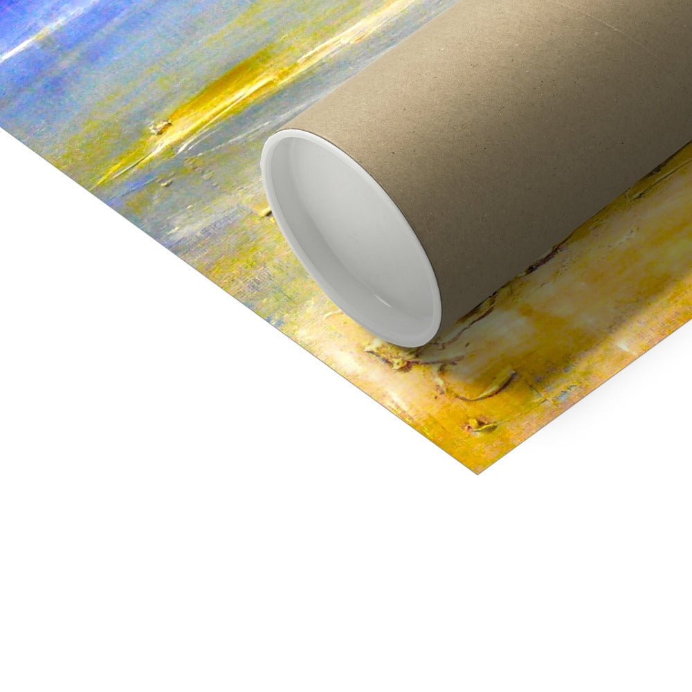 Camusdarach Beach Arisaig abstract art print in yellow blue wrapping tube