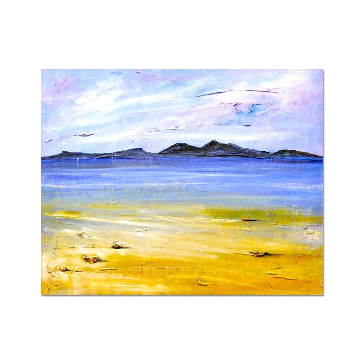 Camusdarach Beach Arisaig Artist Proof Print with yellow sand, blue ocean, purple sky