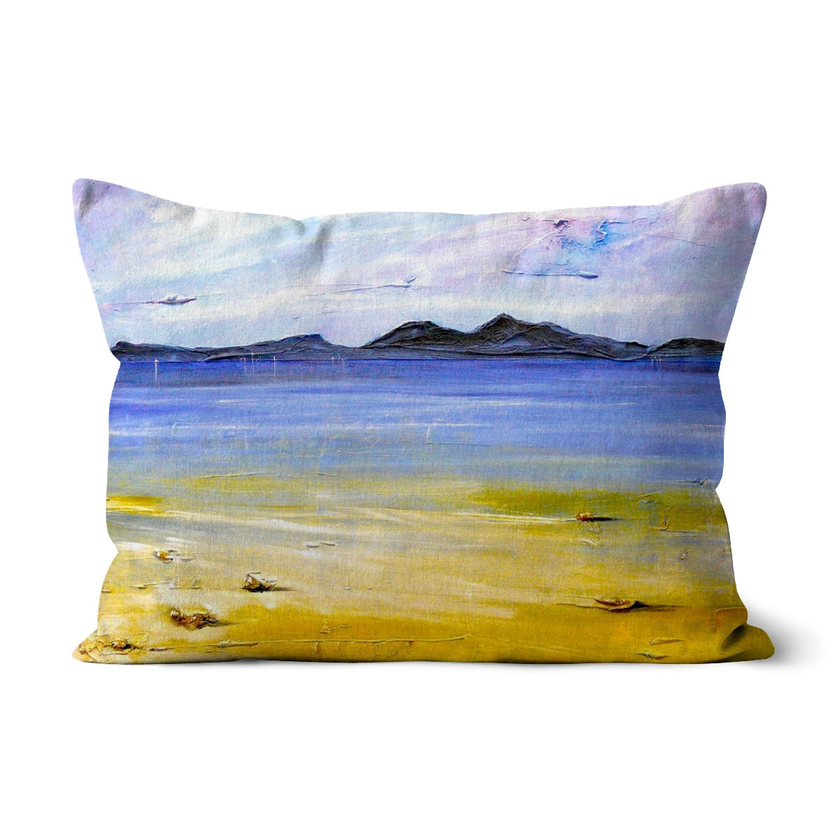 Camusdarach Beach Arisaig Cushion: Yellow and blue beach scene with mountains