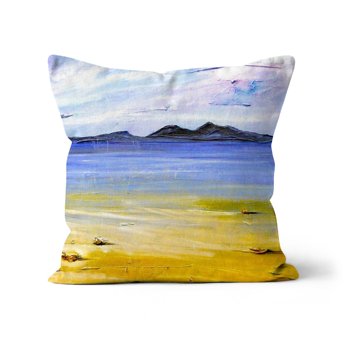 Camusdarach Beach Arisaig cushion in yellow and blue textured beach scene
