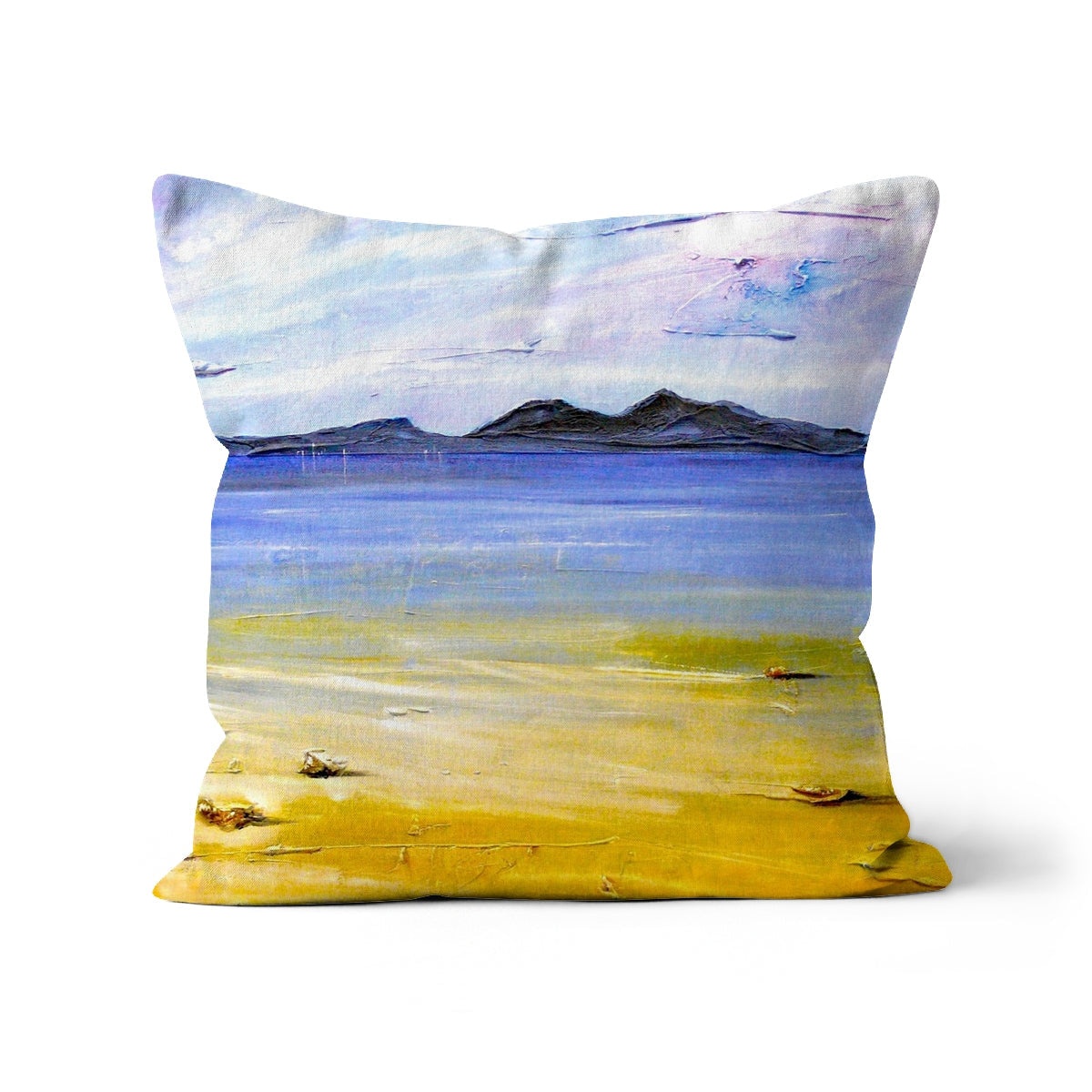 Yellow and blue Camusdarach Beach Arisaig Cushion with mountain design